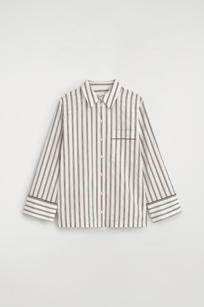 CHEMISE RAYÉE EN COTON À PASSEPOILS - BLANC / BRUN / RAYÉ - 1