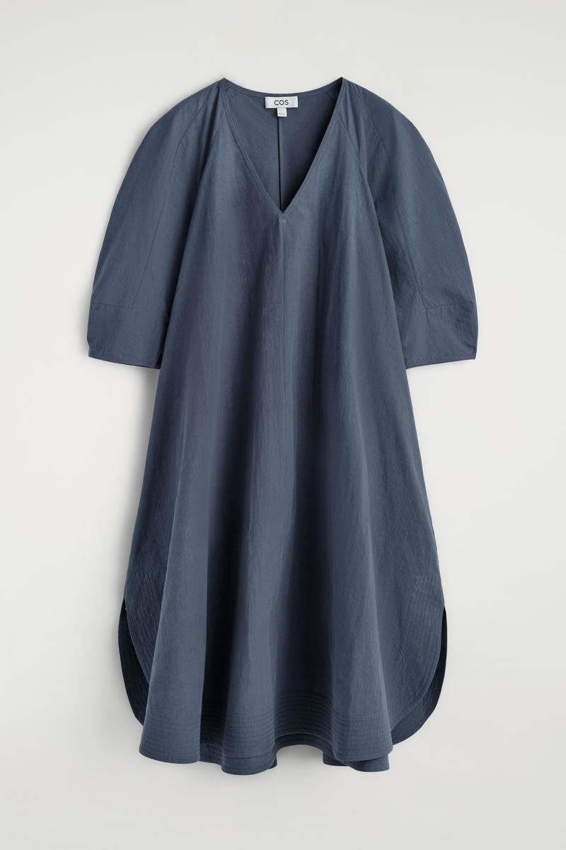 Rounded V-Neck Cotton Midi Dress