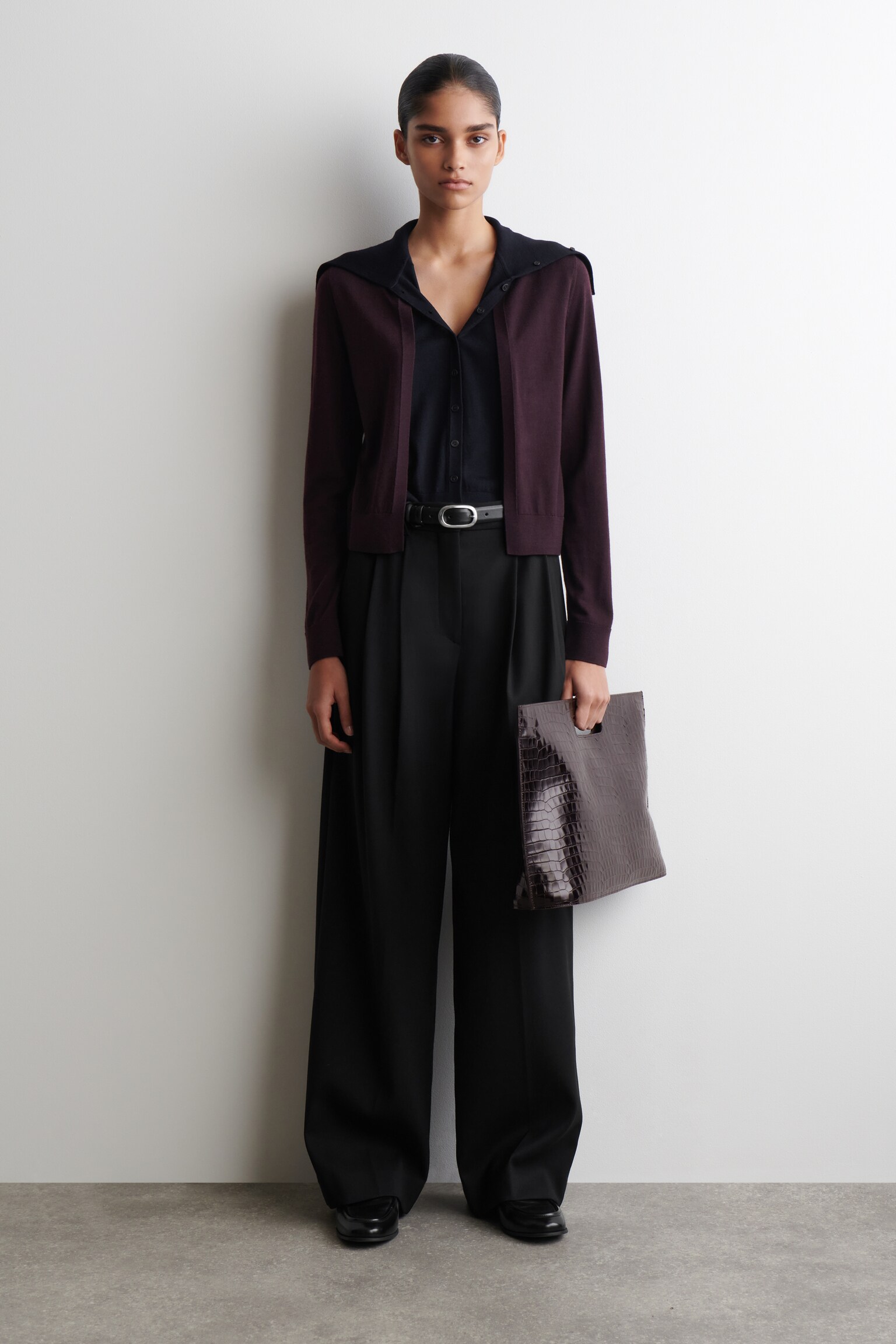 LAYERED MERINO WOOL HIGH-NECK CARDIGAN - BORDEAUX / NAVY/CAMEL - 4