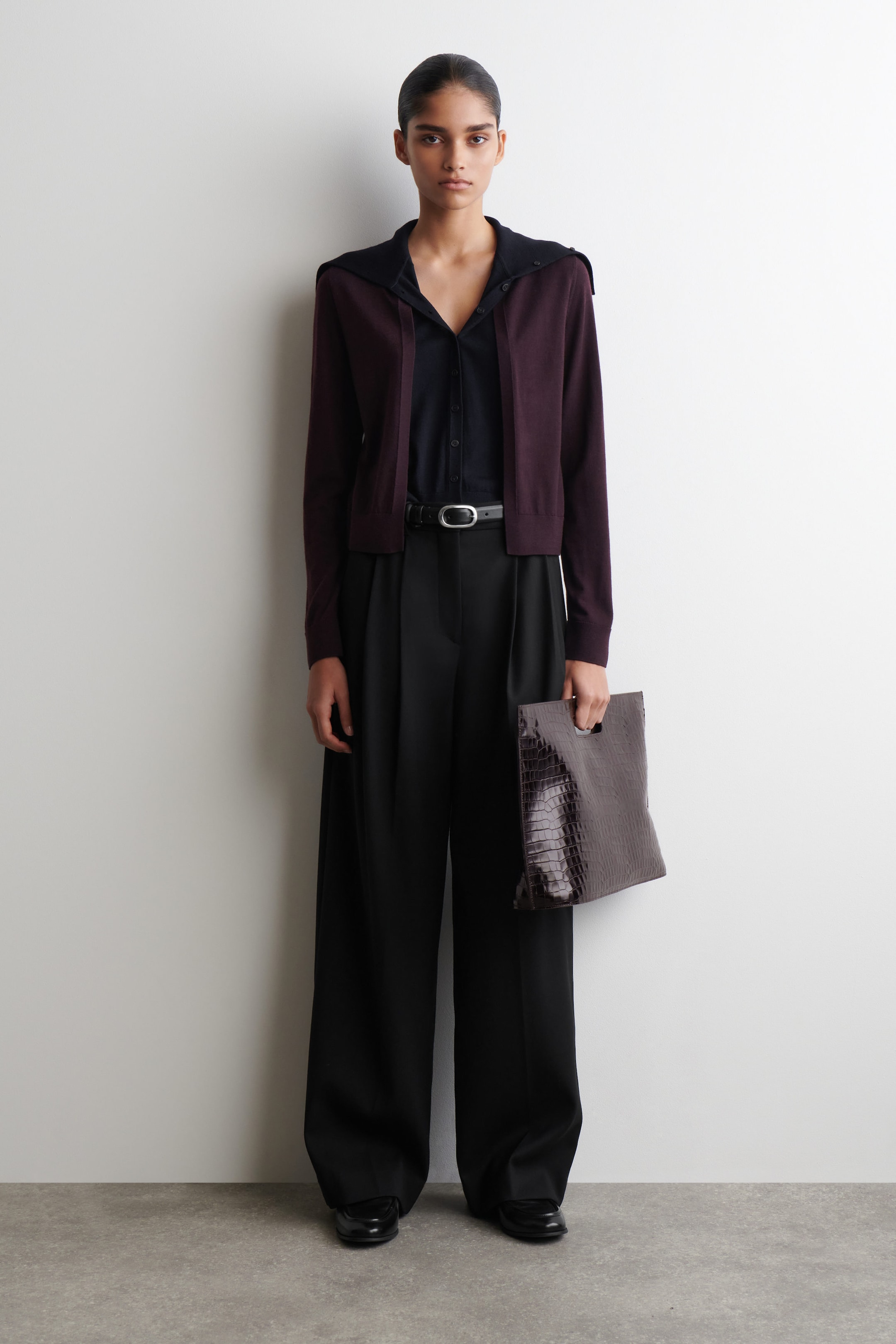 LAYERED MERINO WOOL HIGH-NECK CARDIGAN