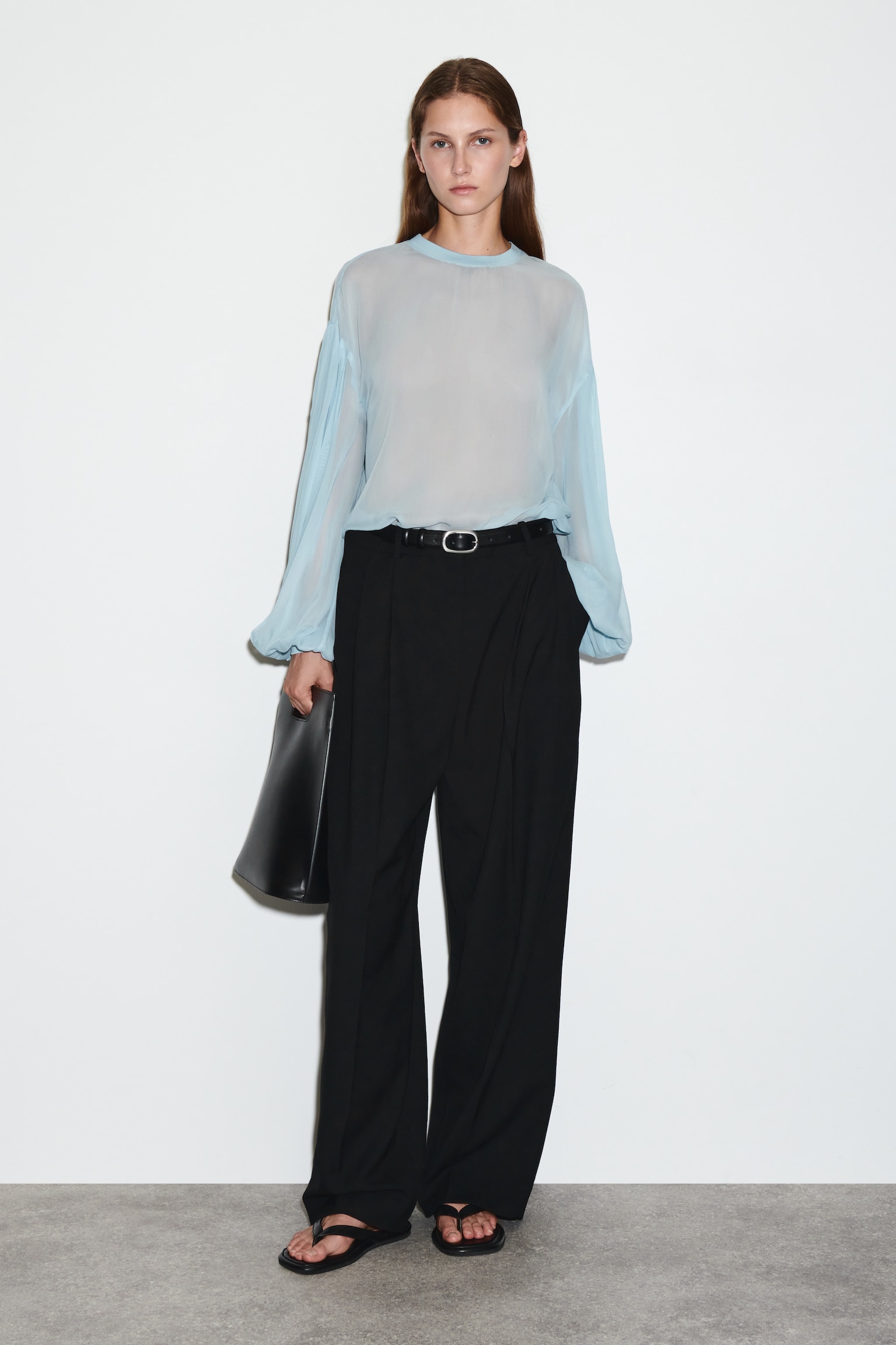 BLUSA TRASPARENTE CON MANICHE A PALLONCINO - CELESTE/ROSSO SCURO - 7