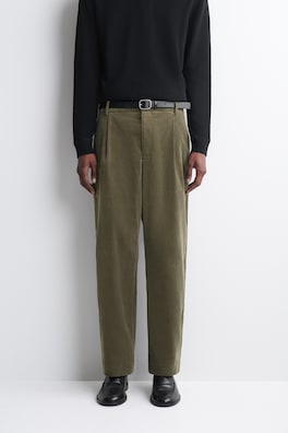 PLEATED CORDUROY RELAXED-FIT STRAIGHT-LEG TROUSERS — DARK KHAKI 4