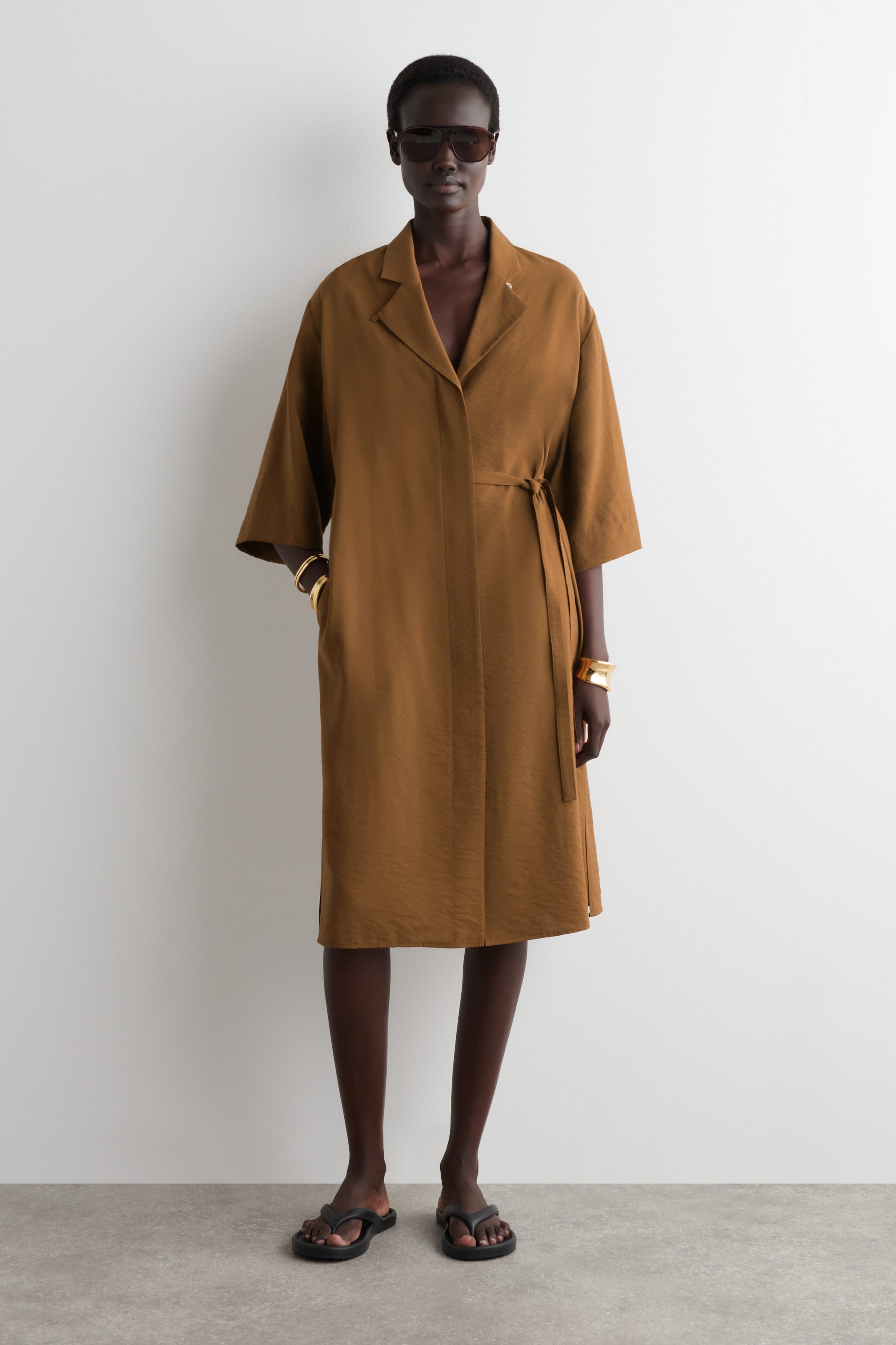 SIDE-BELT MIDI SHIRT DRESS