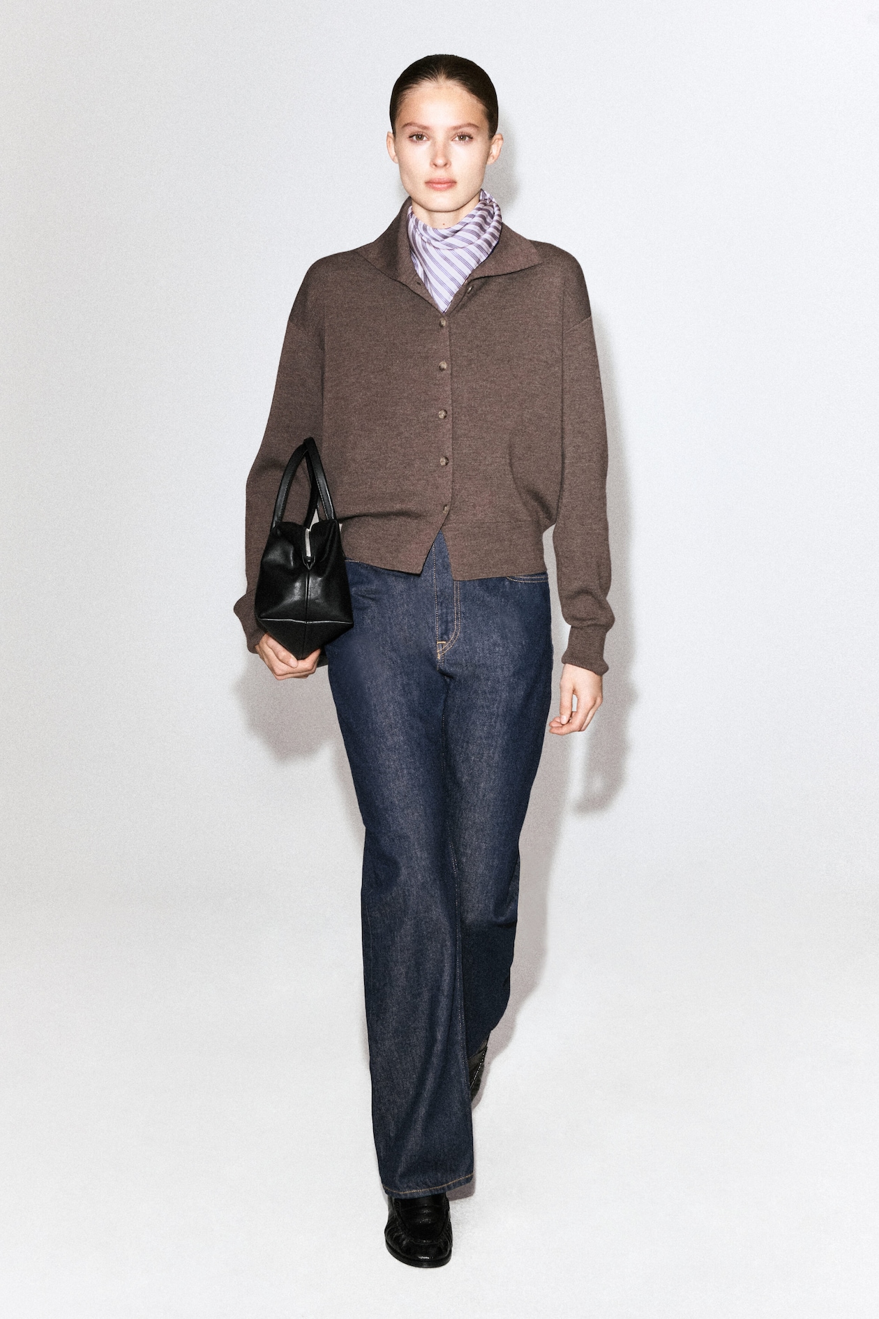 MERINO WOOL MOCK-NECK CARDIGAN — BROWN MÉLANGE