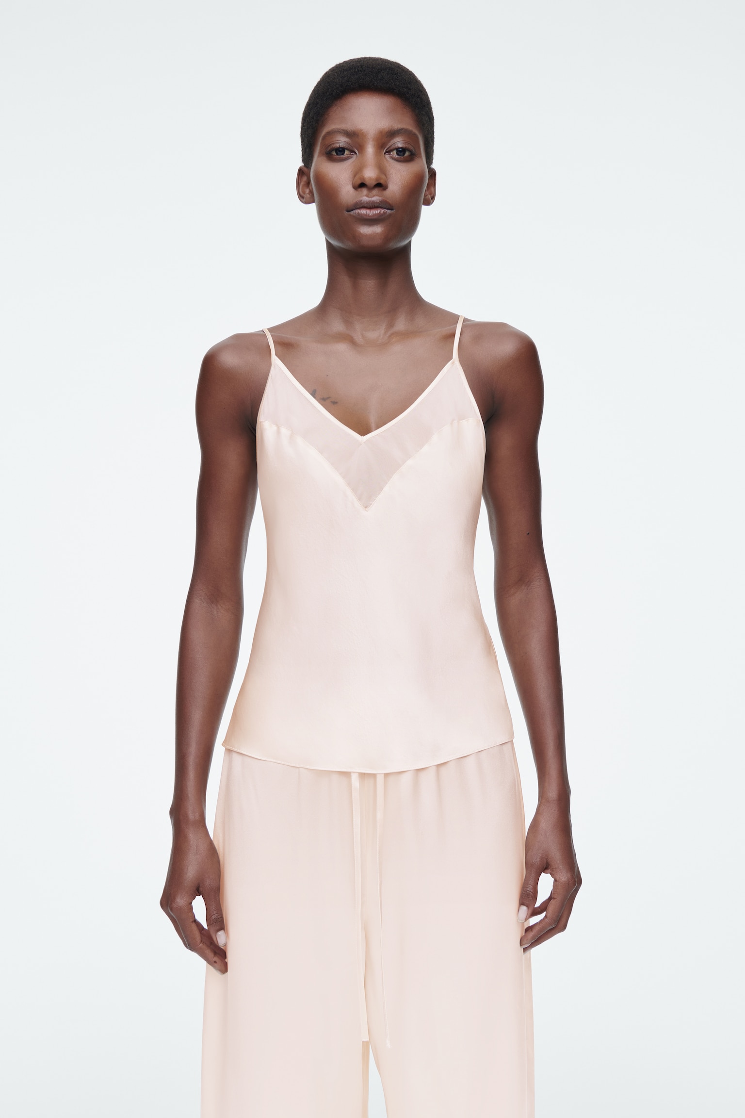 SHEER-PANEL SILK CAMI TOP - APRICOT/BLACK