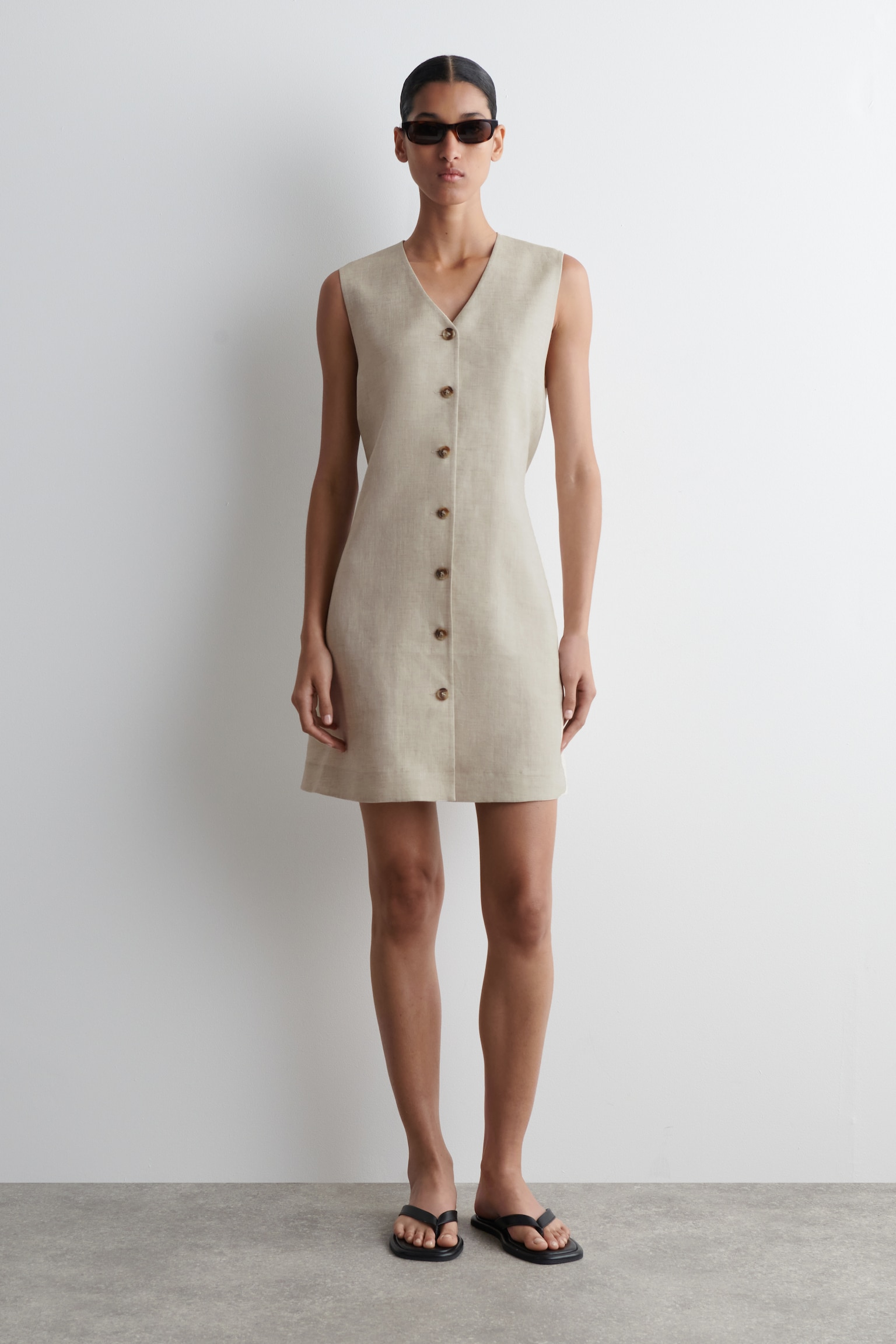 BUTTONED LINEN MINI DRESS - OATMEAL