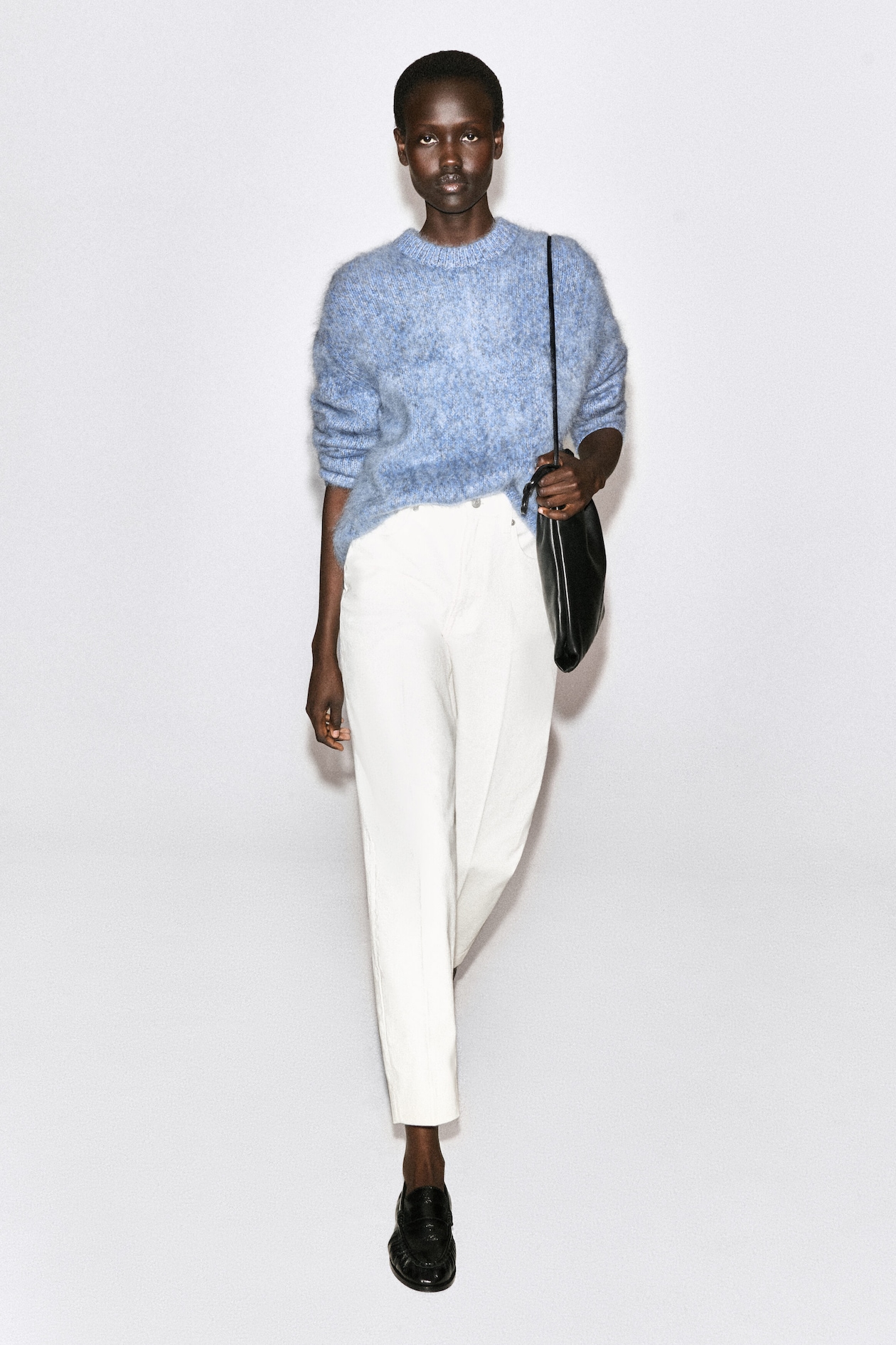 TWO-TONE BRUSHED PURE CASHMERE SWEATER — BLUE MÉLANGE
