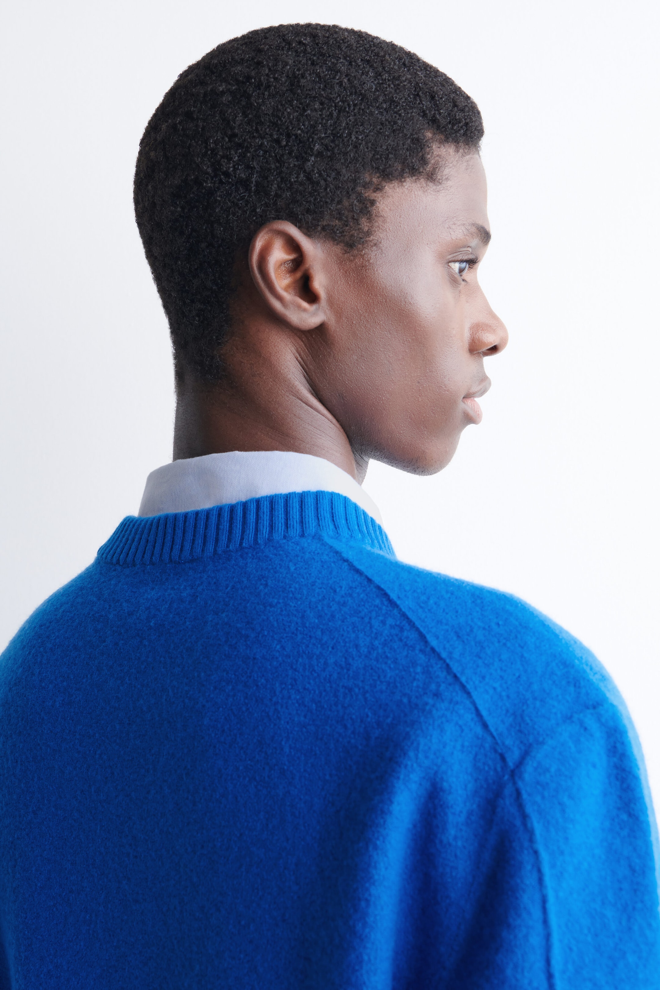 A bright blue boiled wool sweater featuring a ribbed crew neck is being worn by the model over a light-colored collared shirt. The image shows the back and side profile of the sweater, highlighting its textured fabric. A bright blue boiled wool sweater featuring a ribbed crew neck is being worn by the model over a light-colored collared shirt. The image shows the back and side profile of the sweater, highlighting its textured fabric.