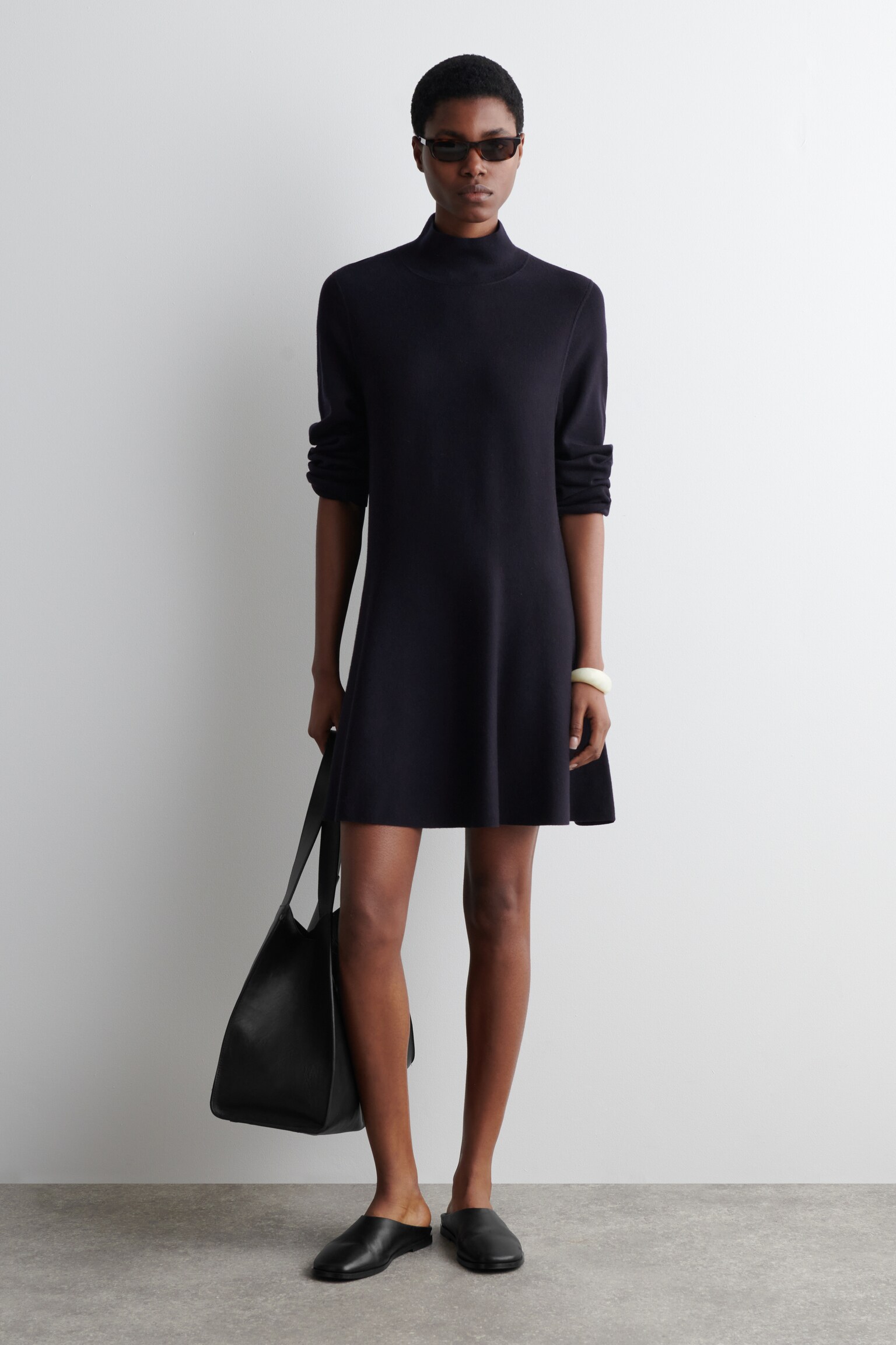 FLARED HIGH-NECK WOOL MINI DRESS - NAVY