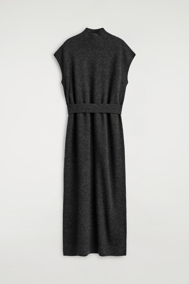 BELT-DETAIL MERINO WOOL FUNNEL-NECK DRESS - DARK-GREY MÉLANGE - 1