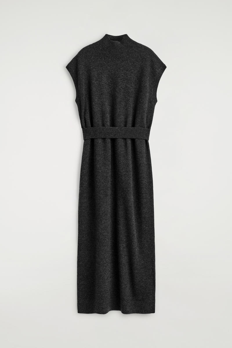 Cos Belt-detail Merino Wool Funnel-neck Dress In Gray