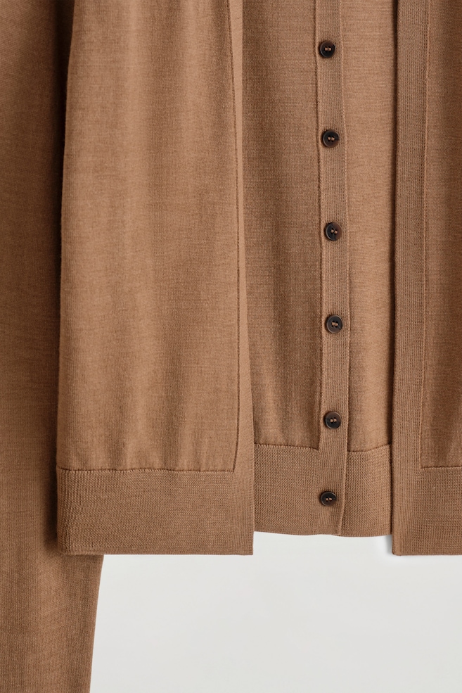 LAYERED MERINO WOOL HIGH-NECK CARDIGAN — CAMEL