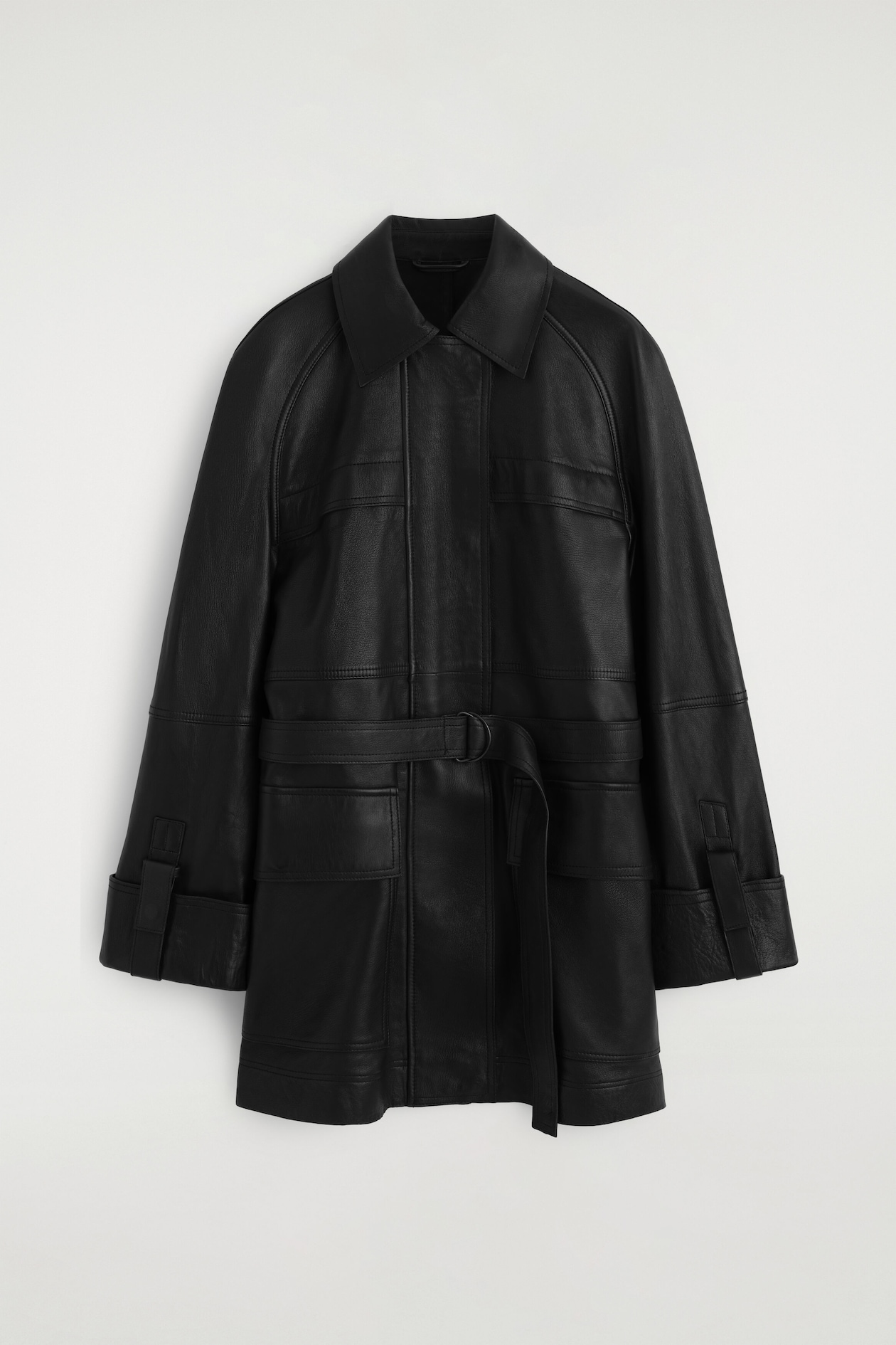 BELTED LEATHER WORKWEAR JACKET — BLACK