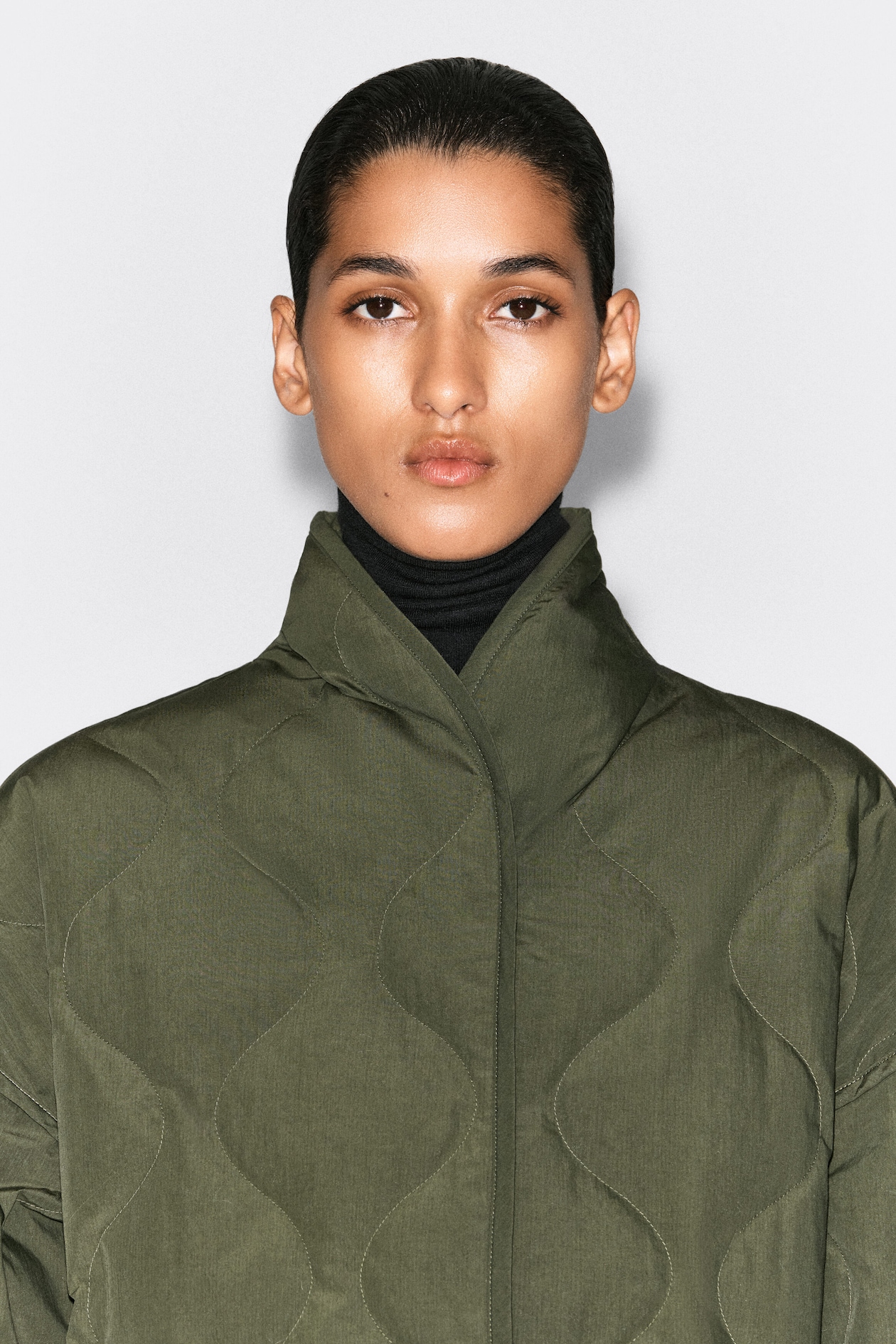 SHAWL-COLLAR QUILTED JACKET — KHAKI