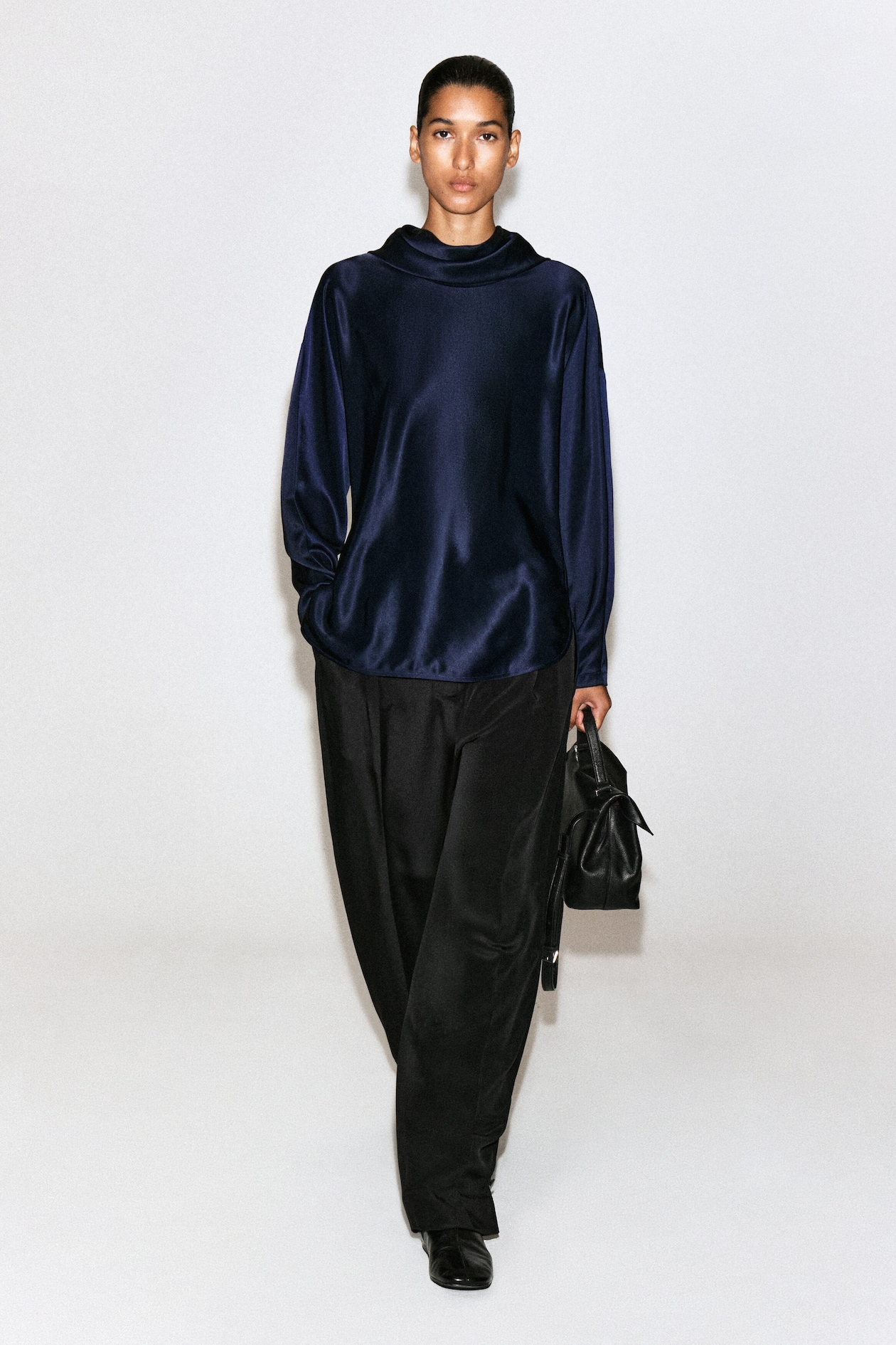 COWL-NECK SATIN BLOUSE — MIDNIGHT BLUE