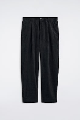 PLEATED RELAXED-FIT TAPERED CORDUROY PANTS — BLACK 10