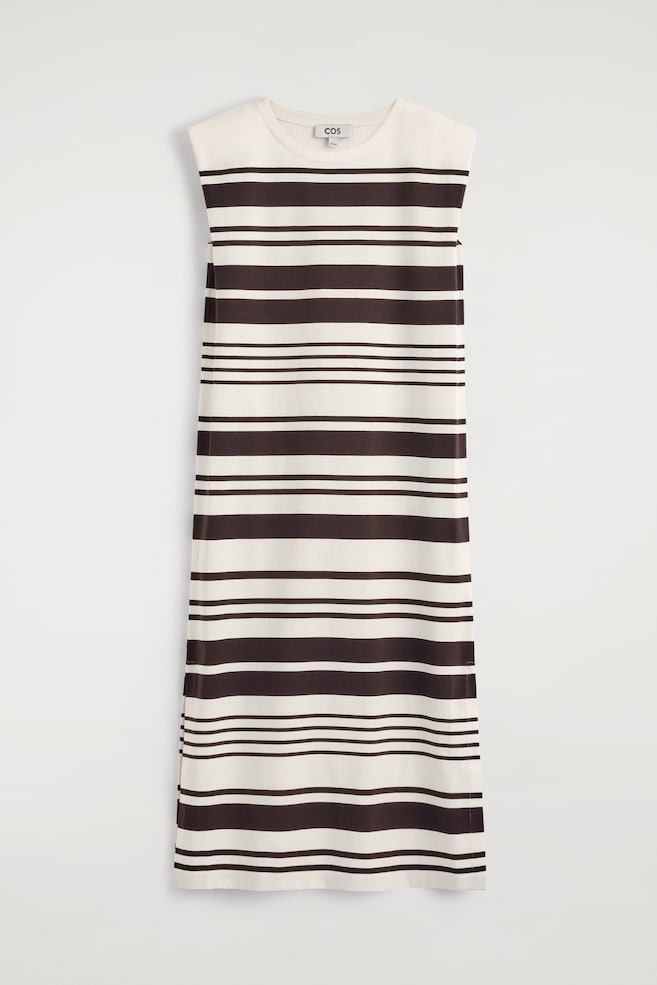 VESTIDO MIDI DE ALGODÓN CON HOMBROS PLEGADOS - BLANCO / MARRÓN / RAYAS/AZUL MARINO - 1