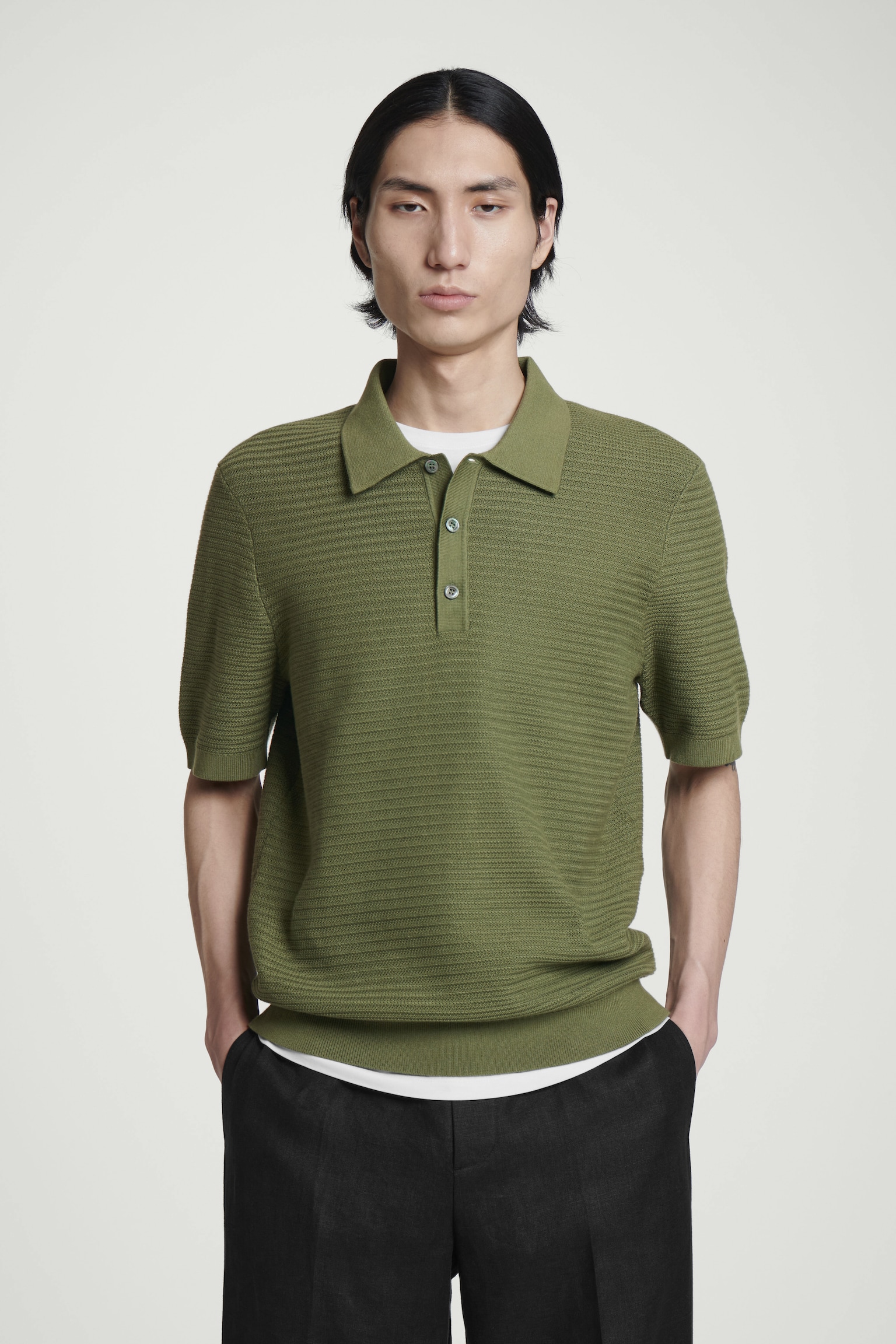POLO EN MAILLE DE COTON TEXTURÉE - VERT/BLANC/NOIR/BLEU MARINE/TAUPE