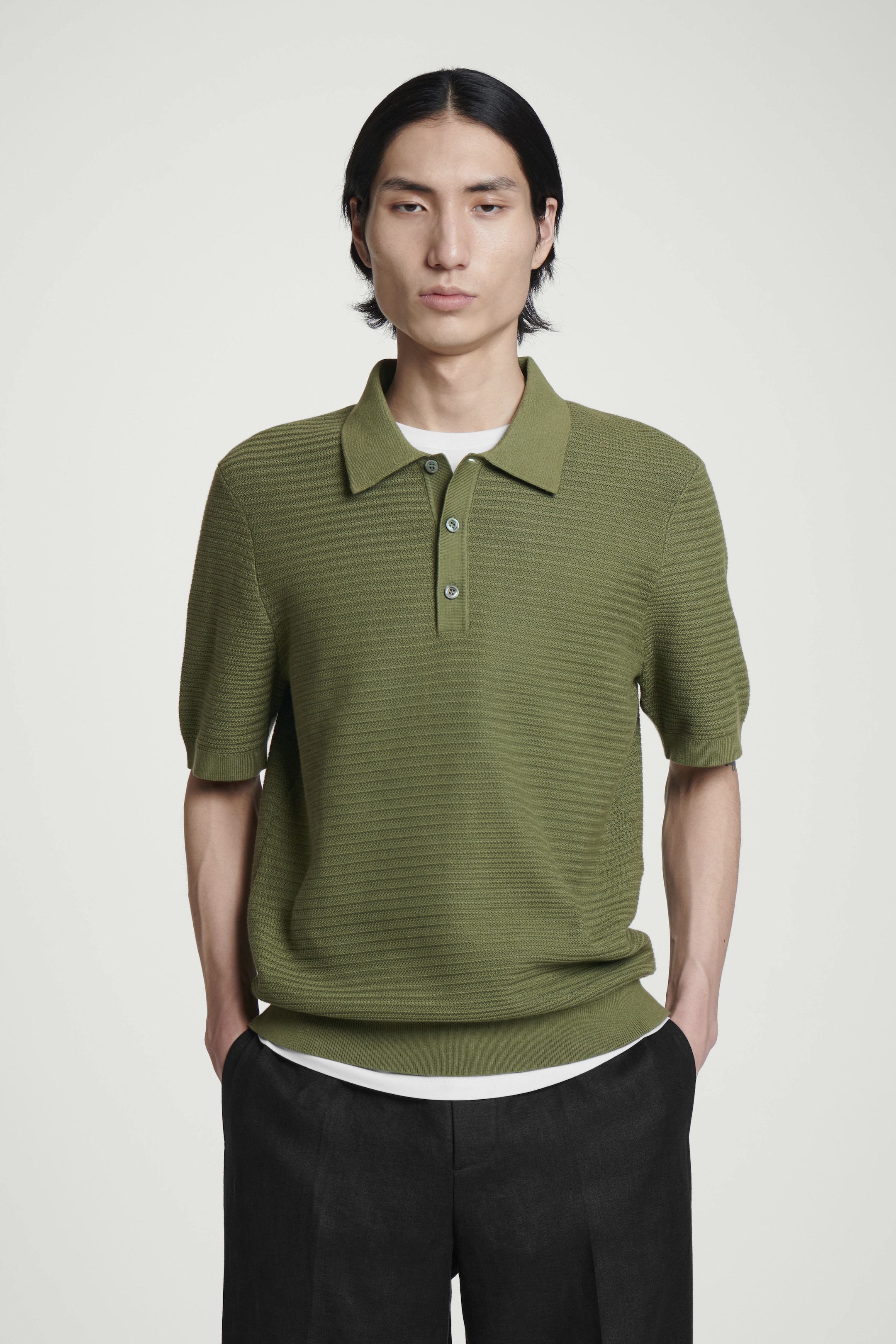 View larger image: TEXTURED KNITTED COTTON POLO SHIRT - GREEN - Men | H&M GB 1