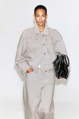 MOCK-NECK DENIM JACKET — BEIGE 1