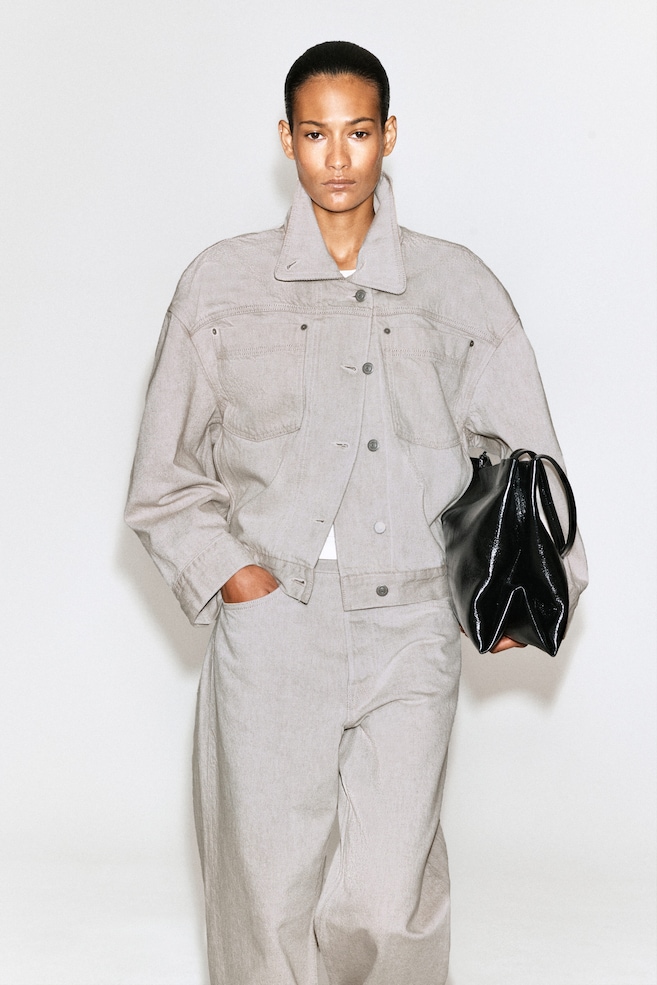MOCK-NECK DENIM JACKET — BEIGE
