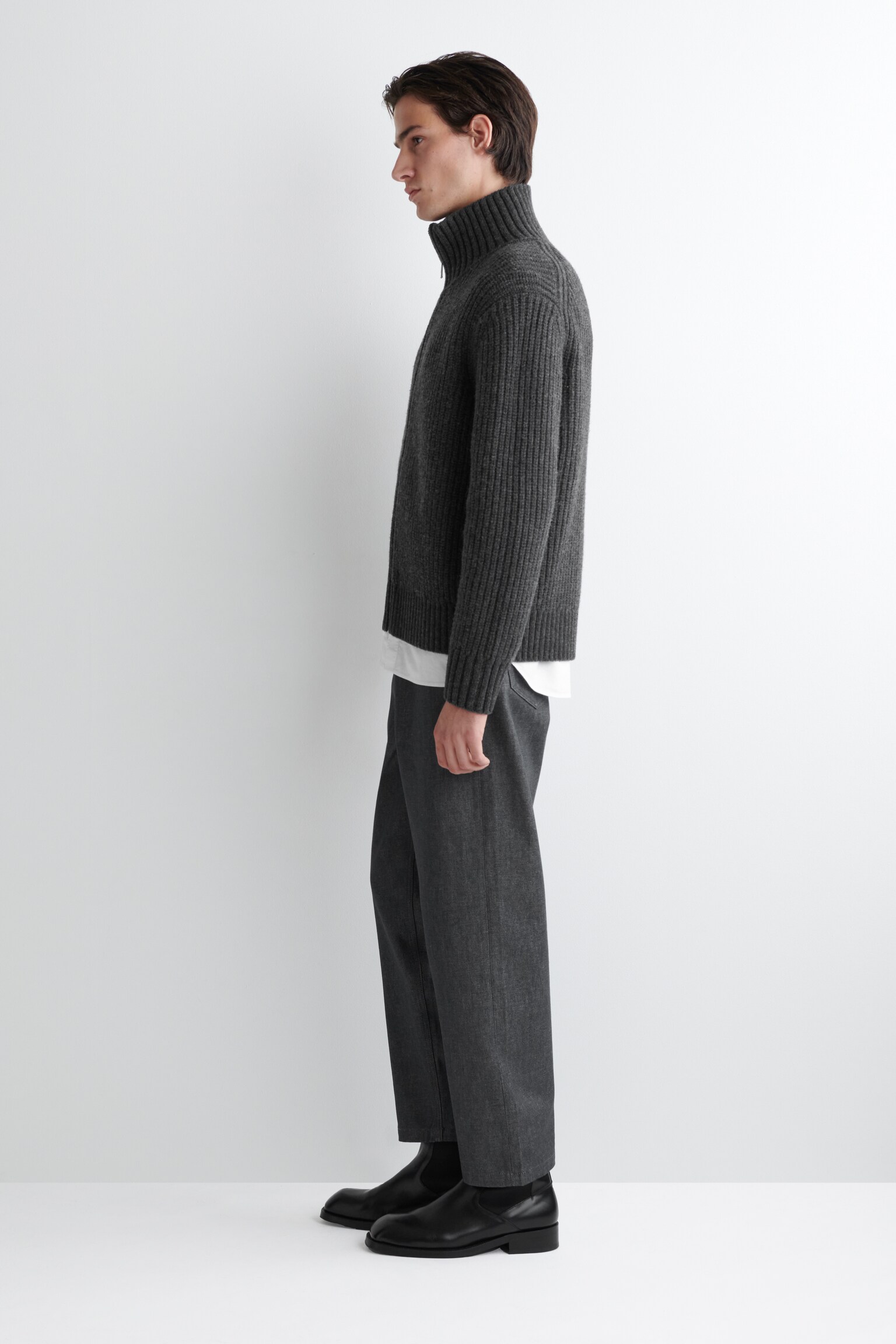 FUNNEL-NECK KNITTED WOOL JACKET - CHARCOAL/STONE - 4
