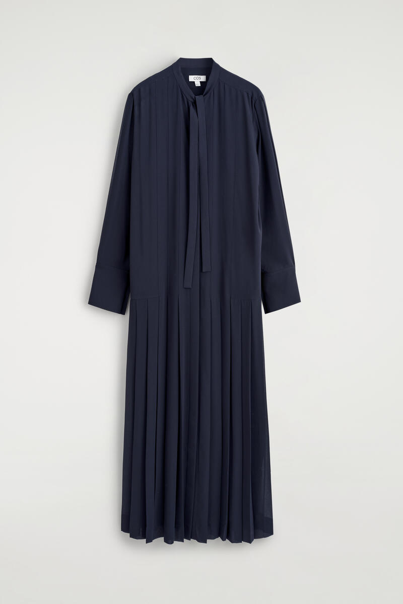 Pleated Bow-Detail Midi Shirt Dress