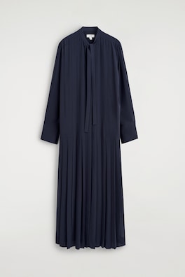 PLEATED BOW-DETAIL MIDI SHIRT DRESS — NAVY 8