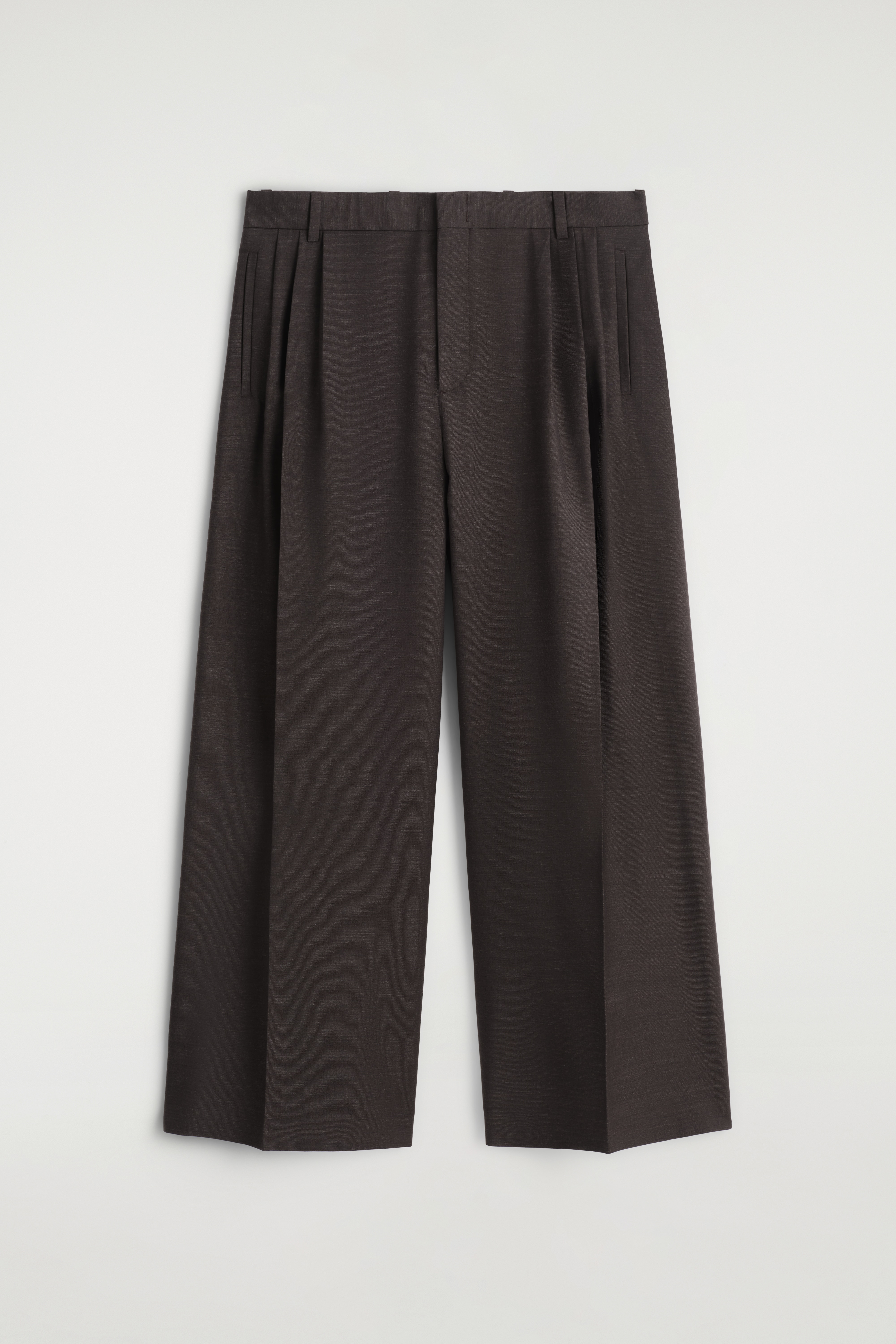 PLEATED WOOL WIDE-LEG TROUSERS - TMAVĚ HNĚDÁ/ČERNÁ