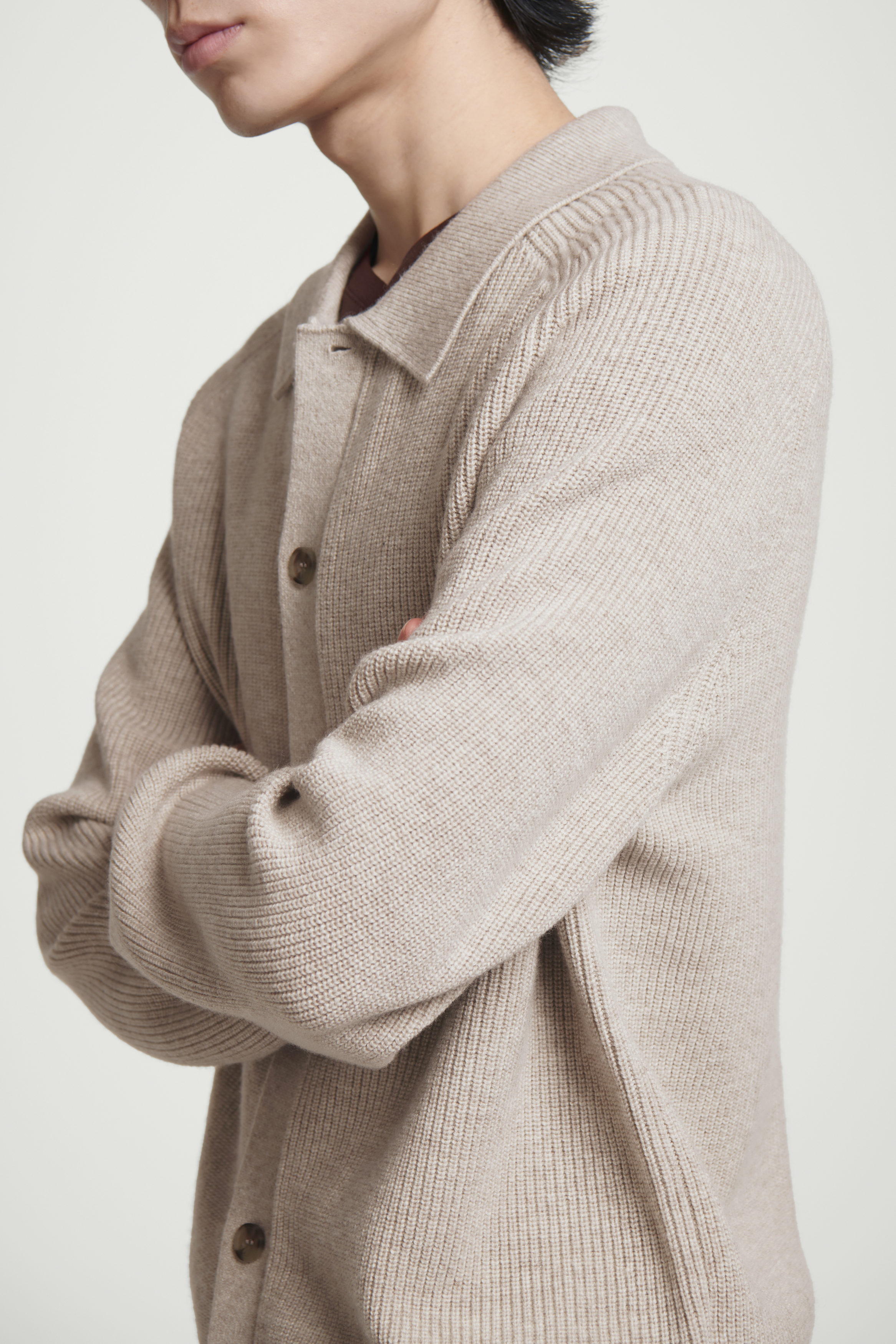 COLLARED RIBBED WOOL-CASHMERE CARDIGAN - LIGHT BEIGE | COS