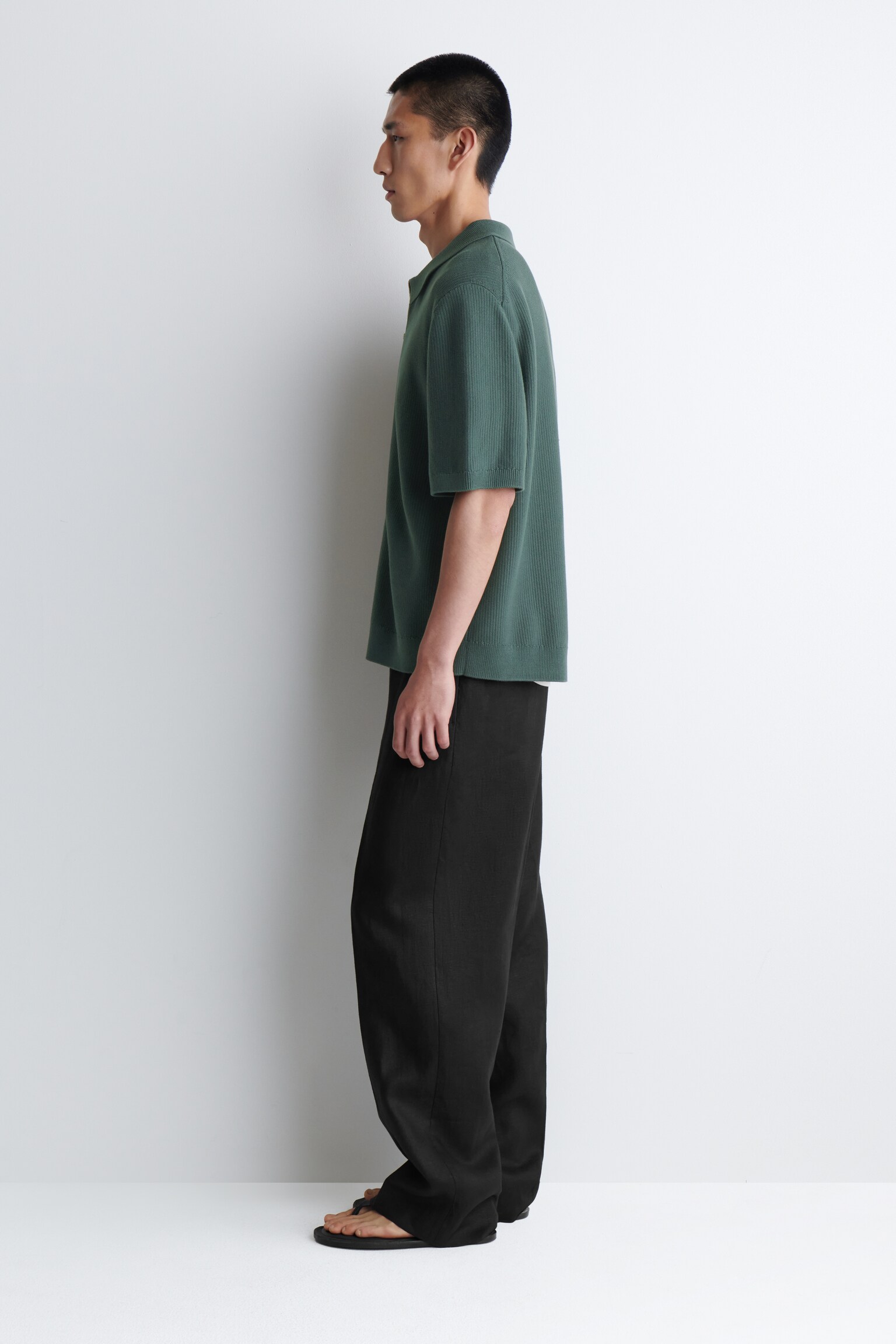 CHEMISE DEMI-ZIPPÉE EN MAILLE DE COTON GAUFRÉE - VERT PIN/BLANC - 7
