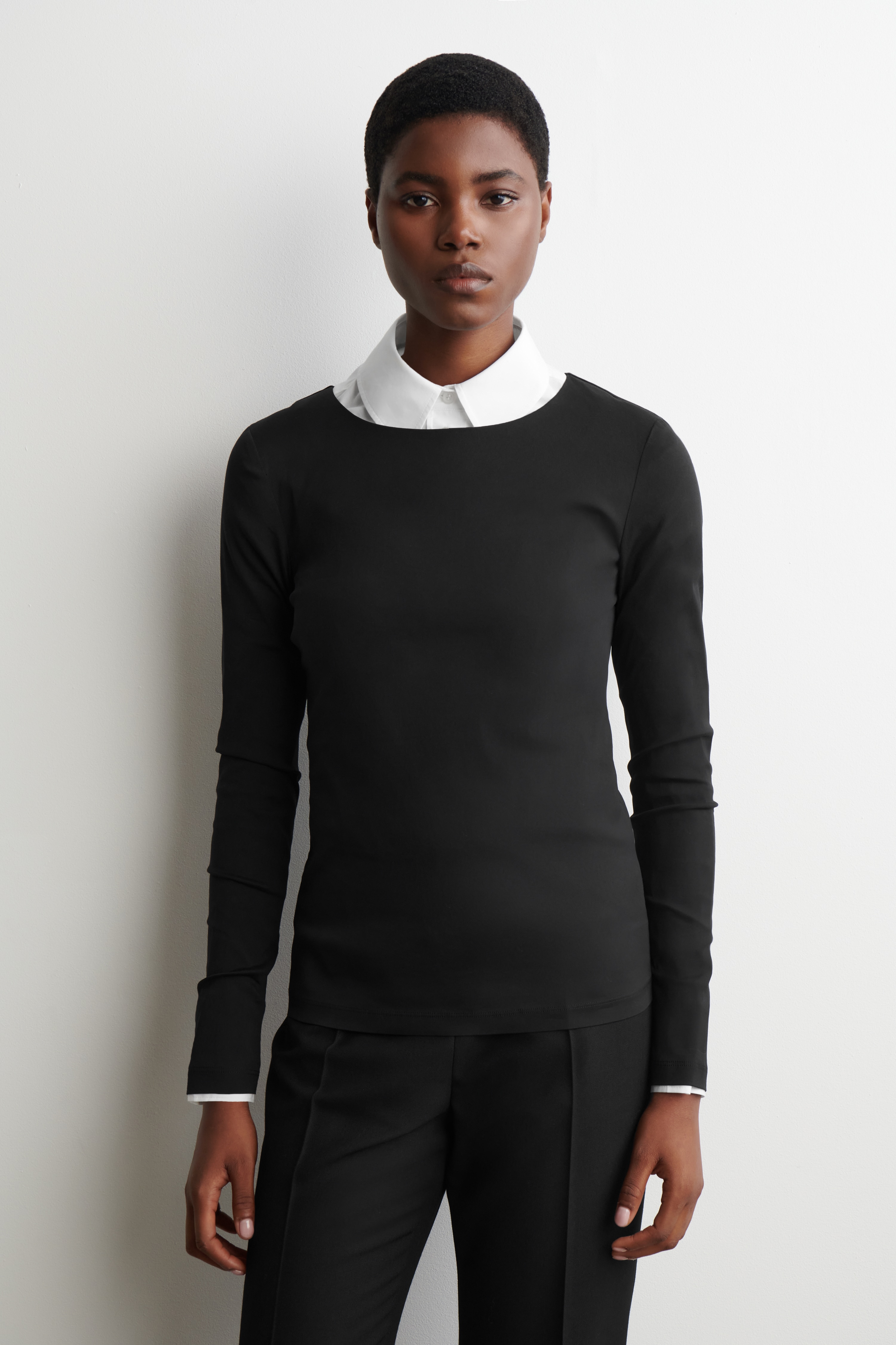 COTTON LONG-SLEEVED TOP - ЧЕРНО/КАКИ
