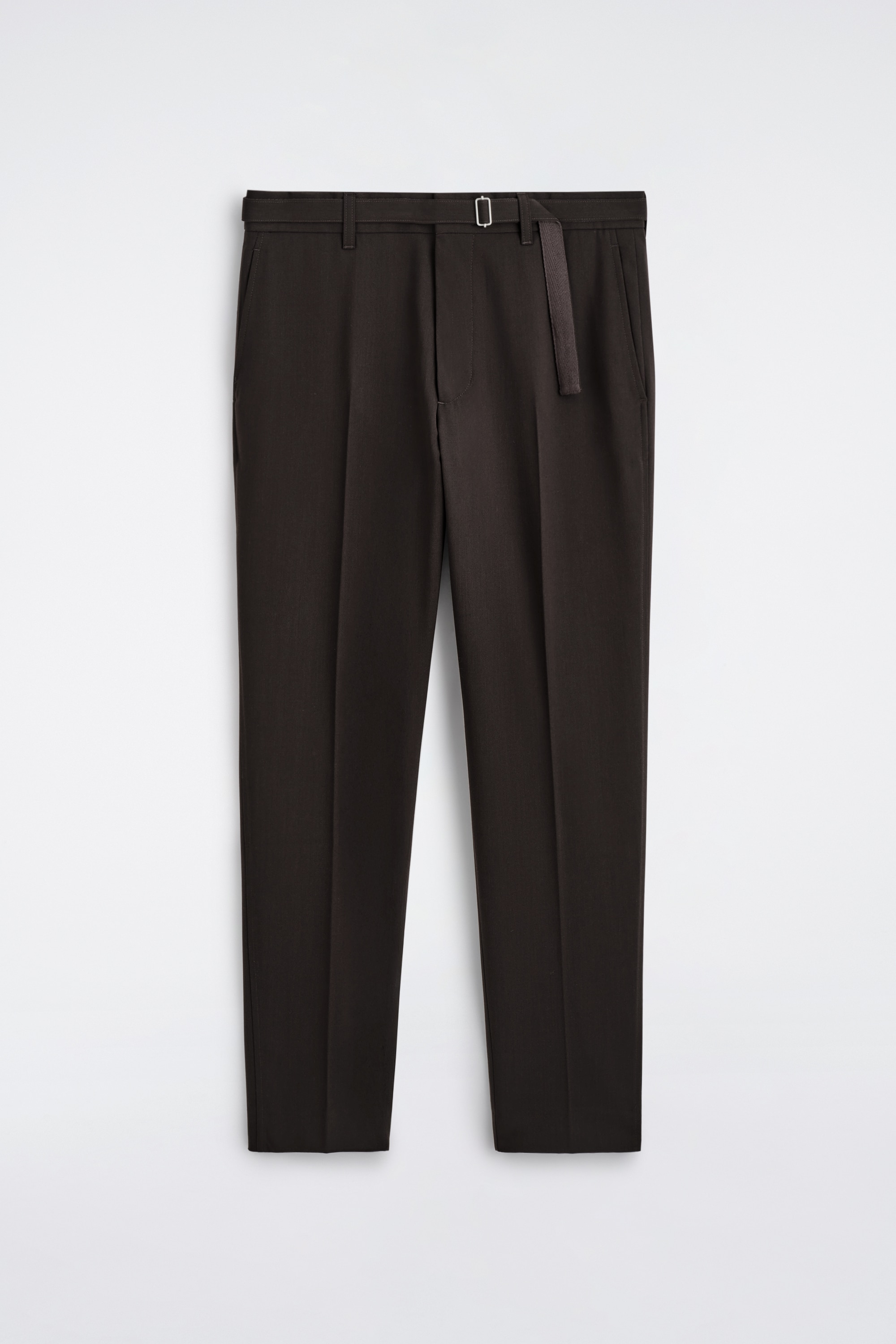 BELTED WOOL-BLEND SLIM TROUSERS - DARK BROWN