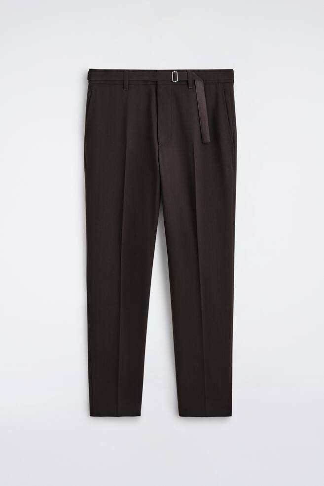 BELTED WOOL-BLEND SLIM-FIT TROUSERS - DARK BROWN/GREY - 1