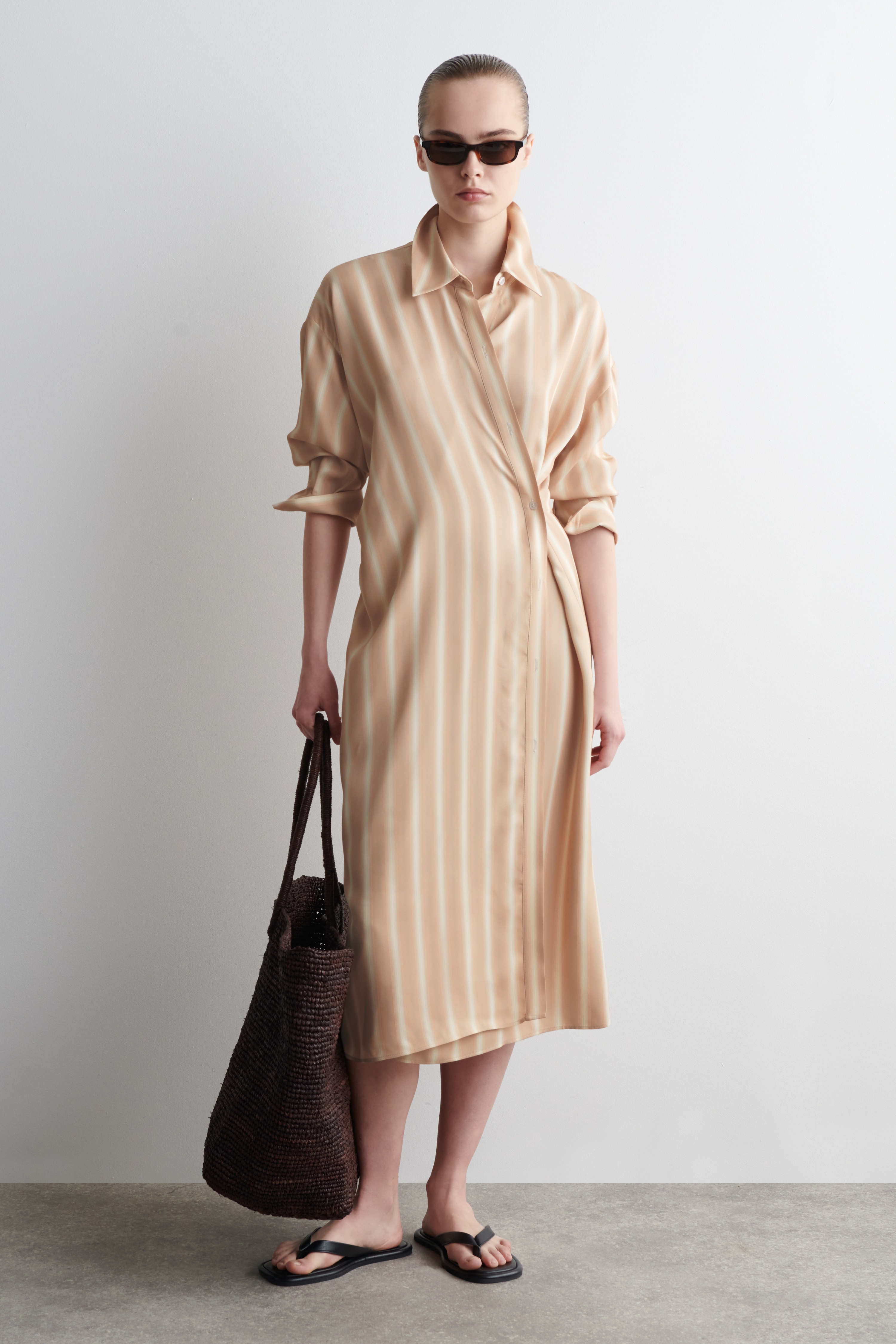 WRAP MIDI SHIRT DRESS - PINK / STRIPED/LIGHT GREEN