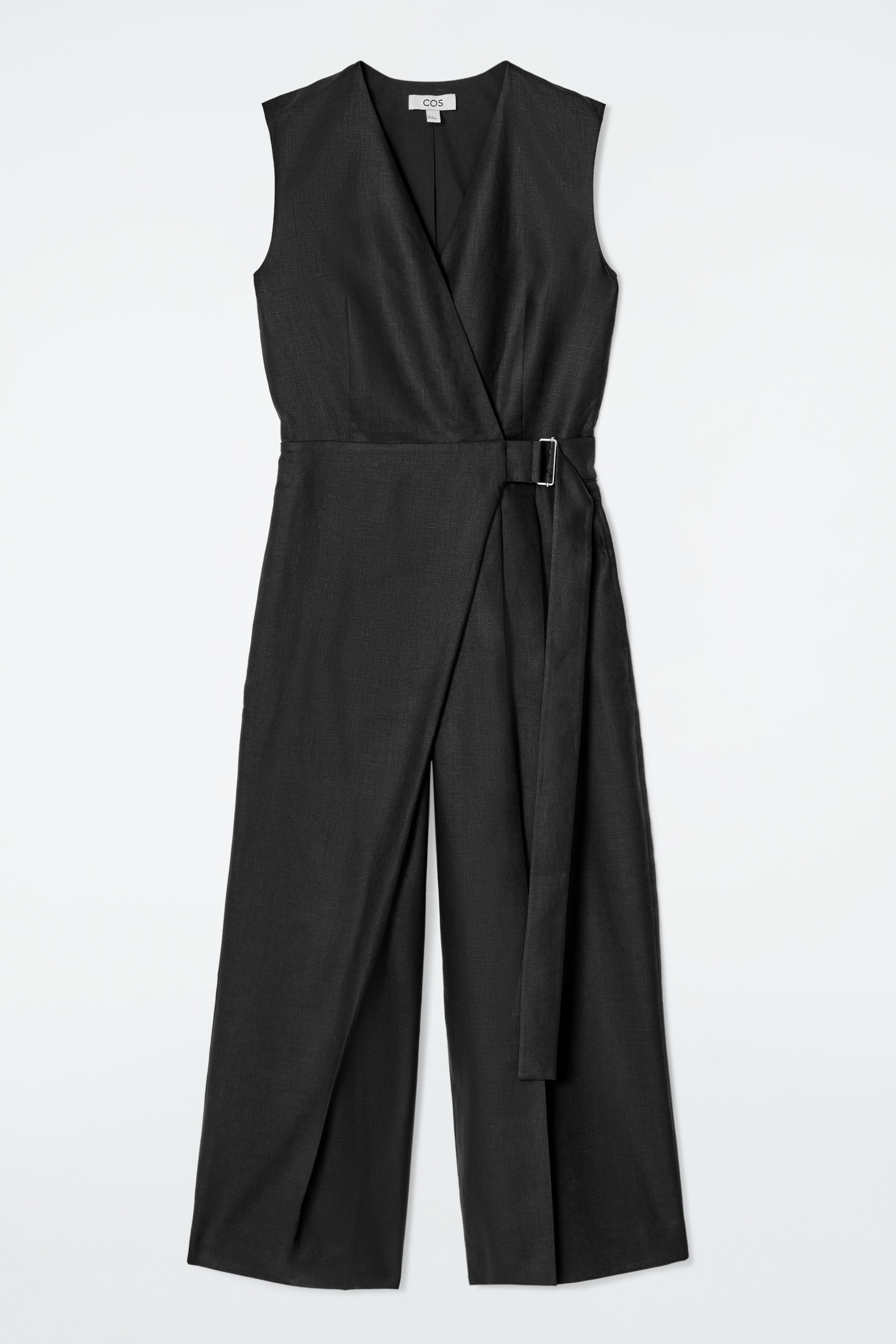 WRAP-FRONT LINEN JUMPSUIT