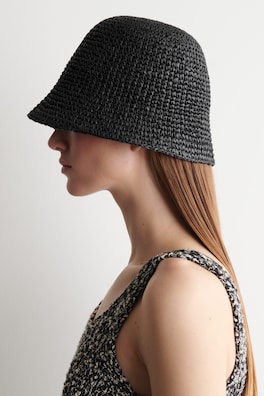 SCULPTED STRAW BUCKET HAT — BLACK 2