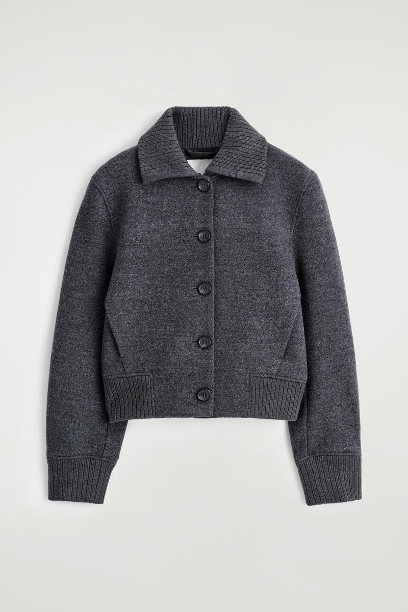 Ribbed-Collar Boiled Merino Wool Jacket