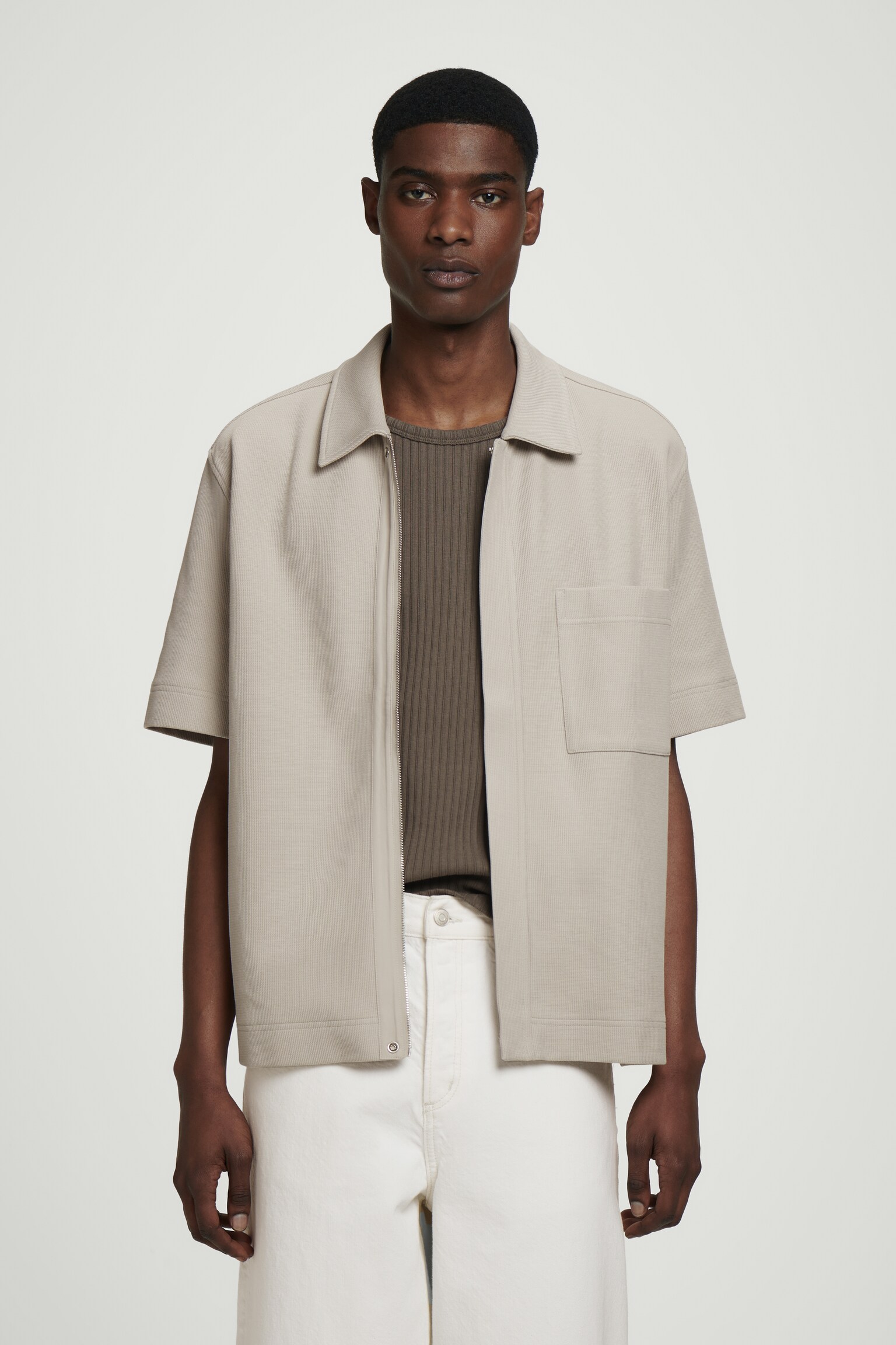 TEXTURED COTTON-JERSEY ZIP-UP SHIRT - LIGHT MOLE/BLACK