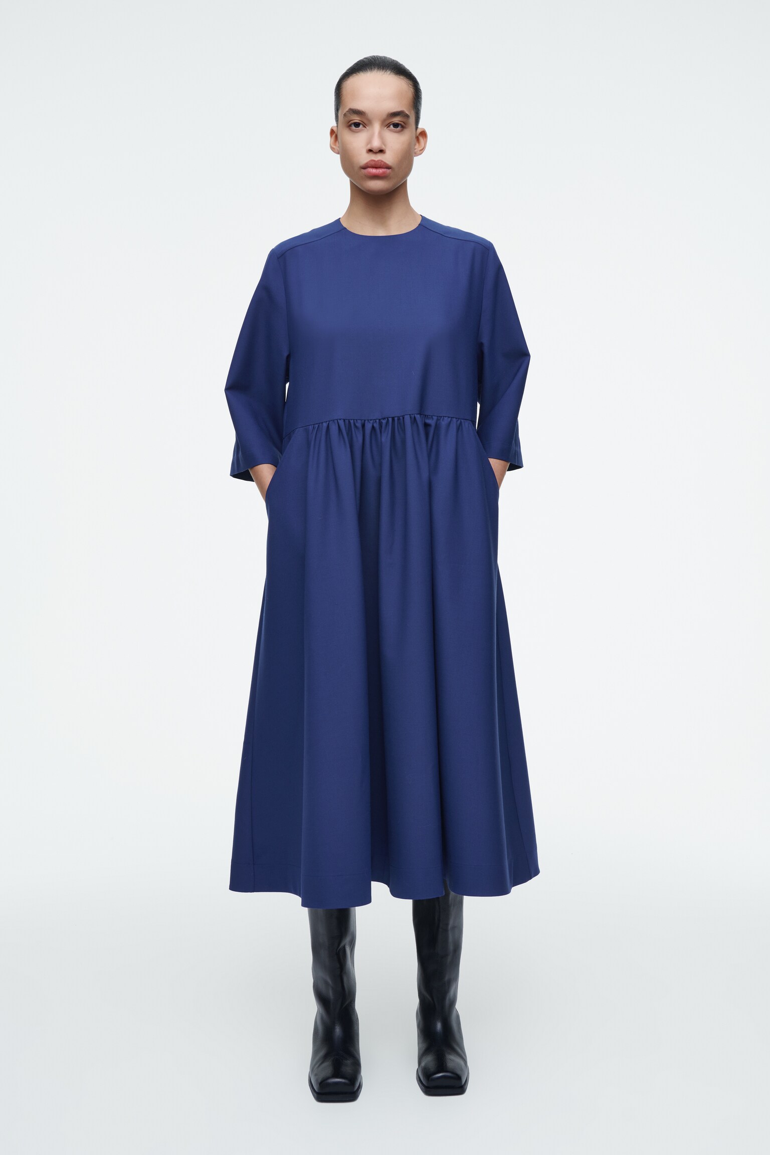 ROBE MIDI FRONCÉE EN LAINE MÉLANGÉE - BLEU