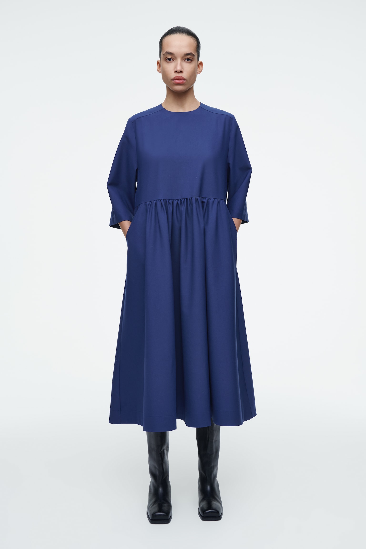 ROBE MIDI FRONCÉE EN LAINE MÉLANGÉE - BLEU