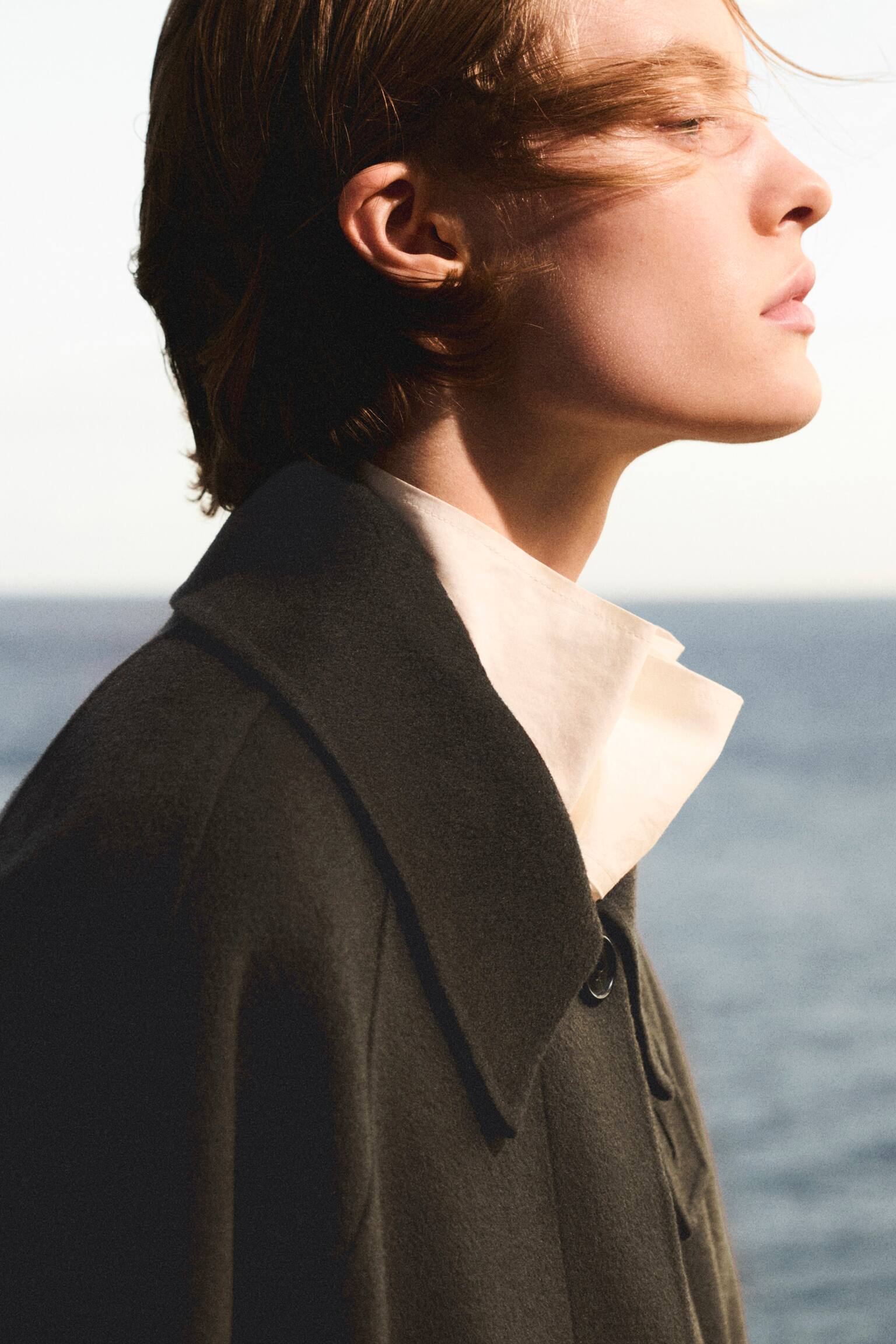 מעיל קצר דו-צדדי מצמר עם צווארון משפך - חום - 10