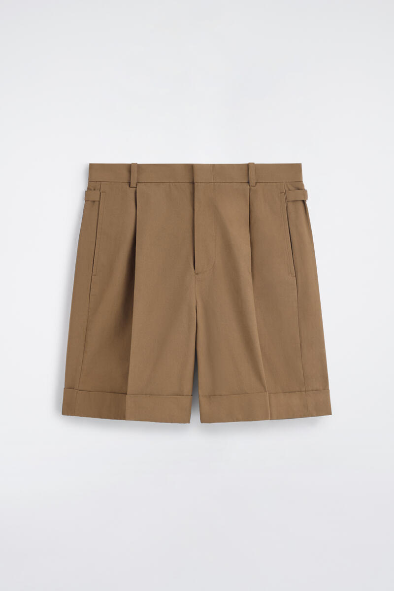 Pleated Turn-Up Cotton Chino Shorts