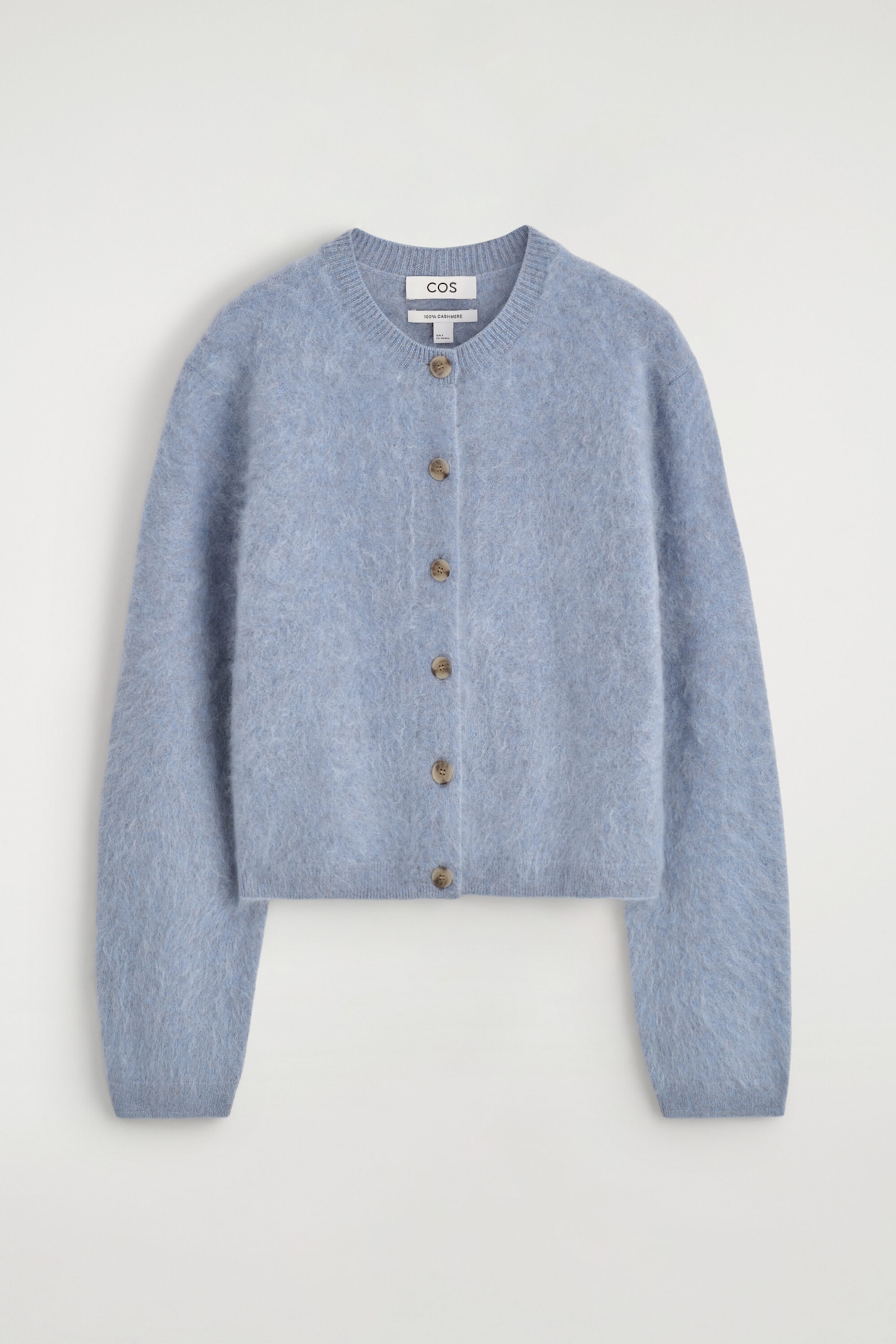 BRUSHED PURE CASHMERE CREW-NECK CARDIGAN — BLUE