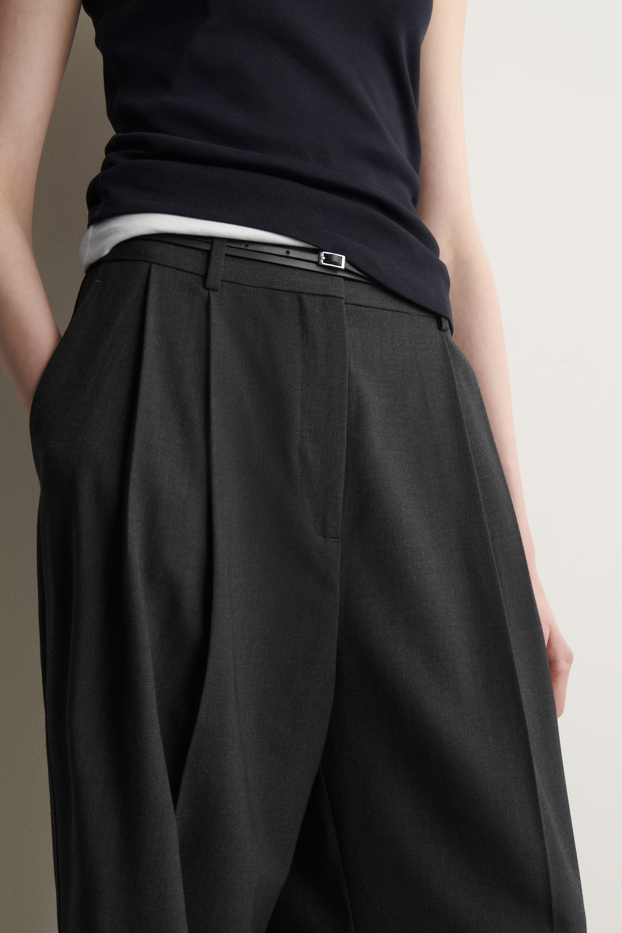 RELAXED TWILL WIDE-LEG PANTS — DARK GRAY