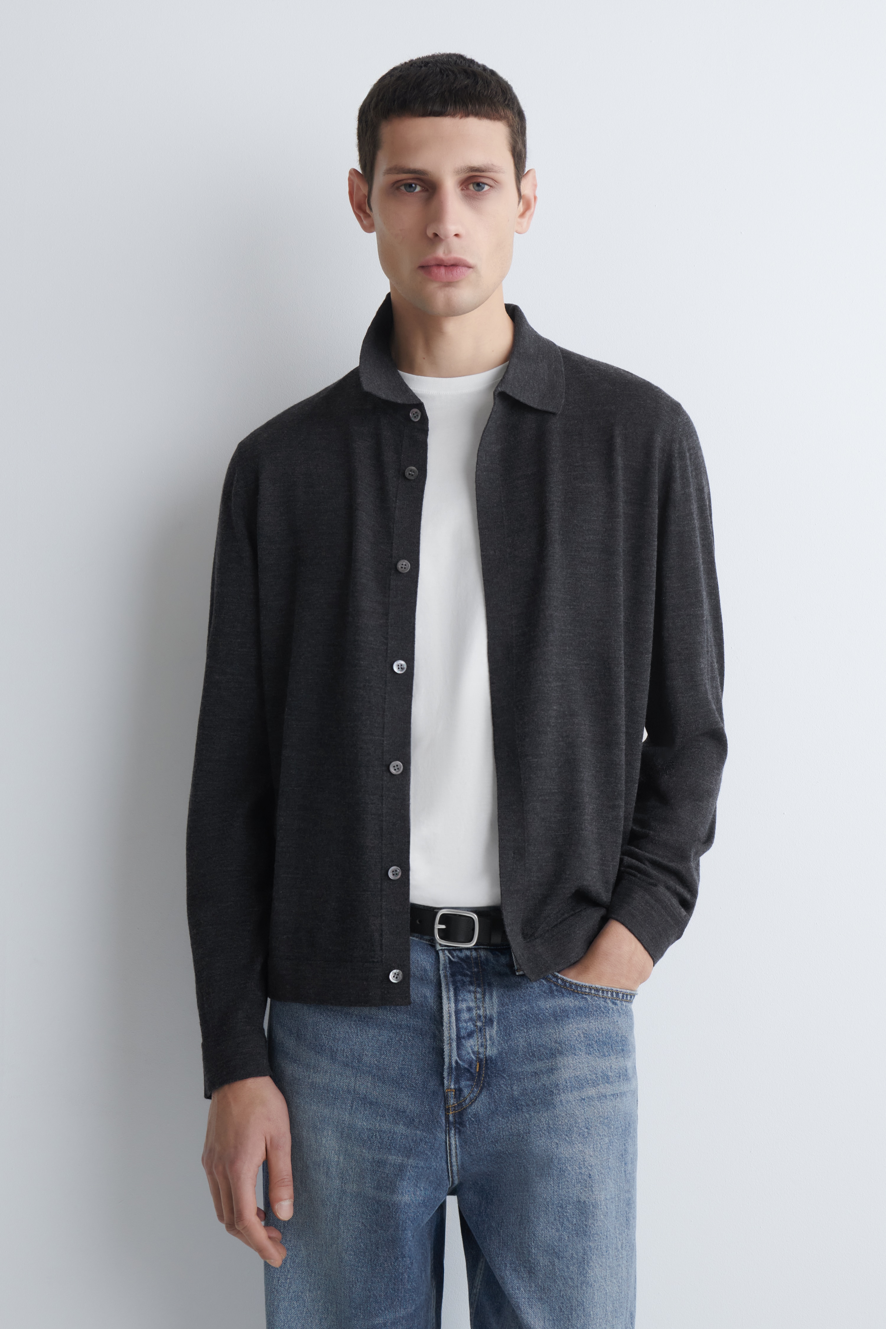 CHEMISE EN MAILLE DE LAINE MÉRINOS - CHARBON/BRUN CHINÉ/NOIR