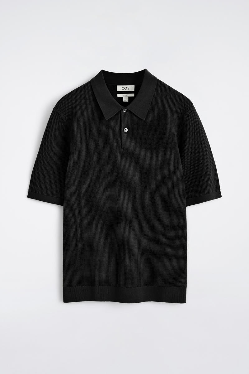 COS Waffle-Knit Cotton Polo Shirt Black Men's Extra Large