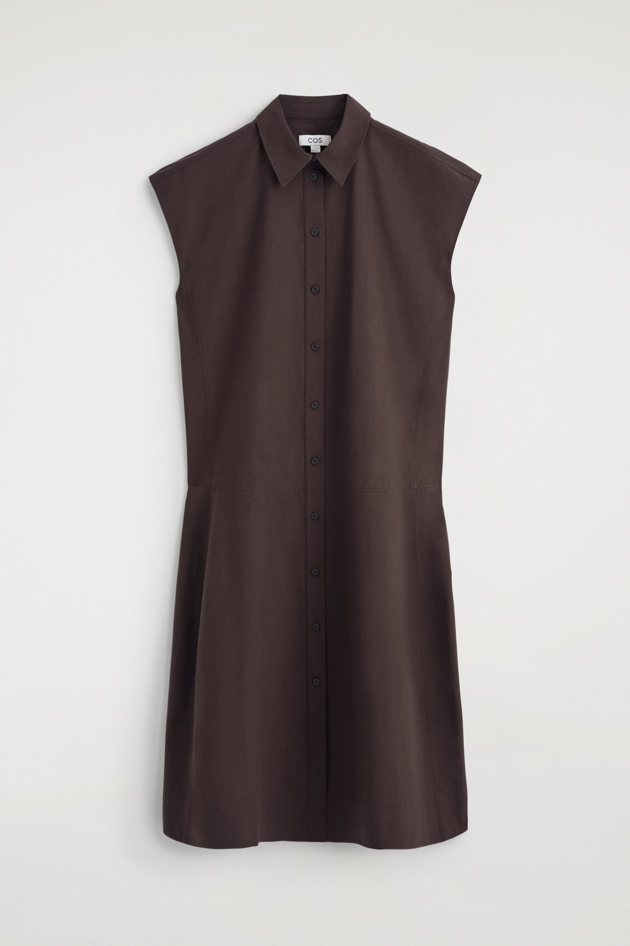 SLEEVELESS COTTON-POPLIN SHIRT DRESS — DARK BROWN