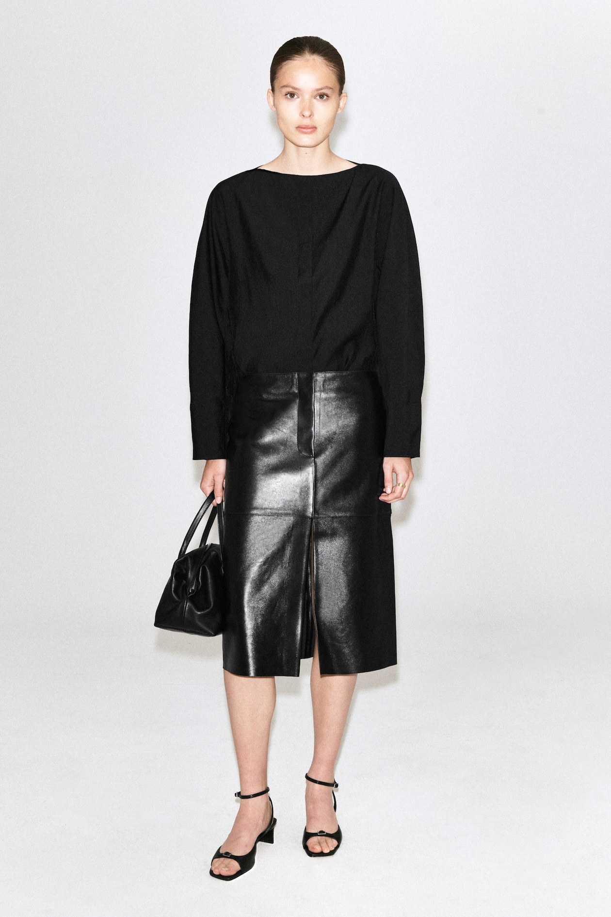 SCULPTED BOAT-NECK BLOUSE — BLACK