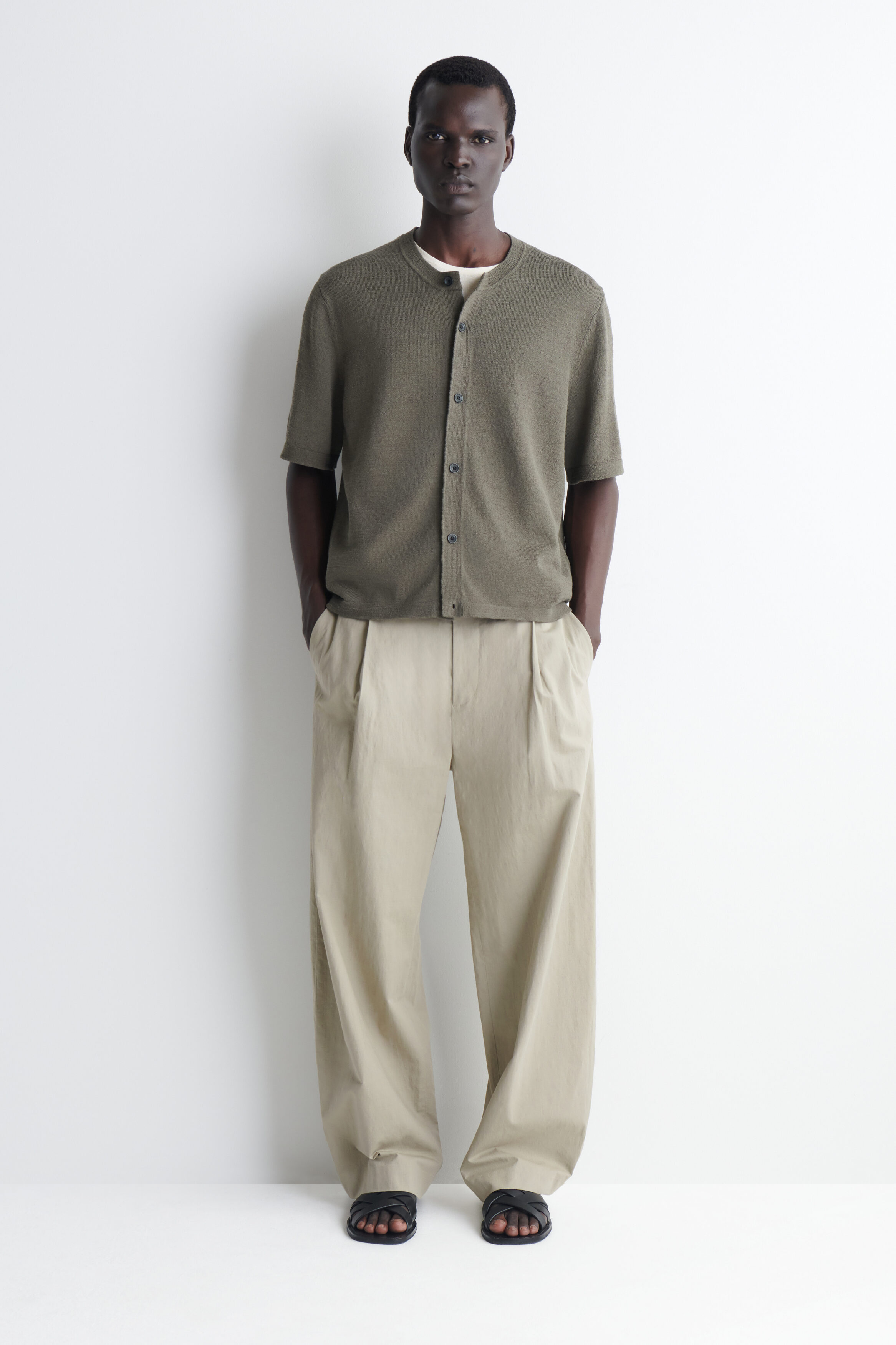 BOUCLÉ-KNIT SHORT-SLEEVED CARDIGAN - KHAKI MÉLANGE | COS US
